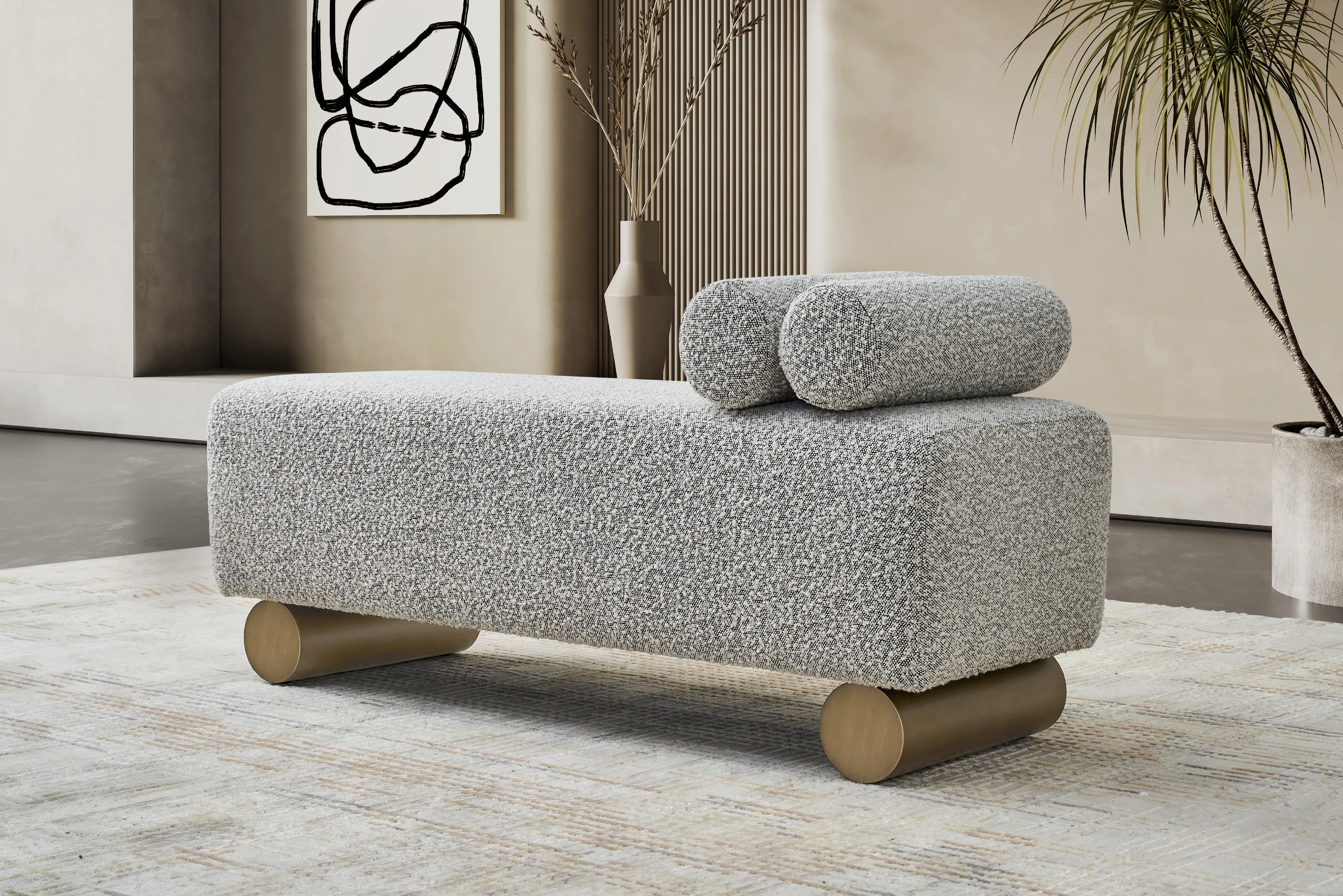 Amore Bouclé Ottoman – Cylindrical Legs Bench with Bolster Pillows