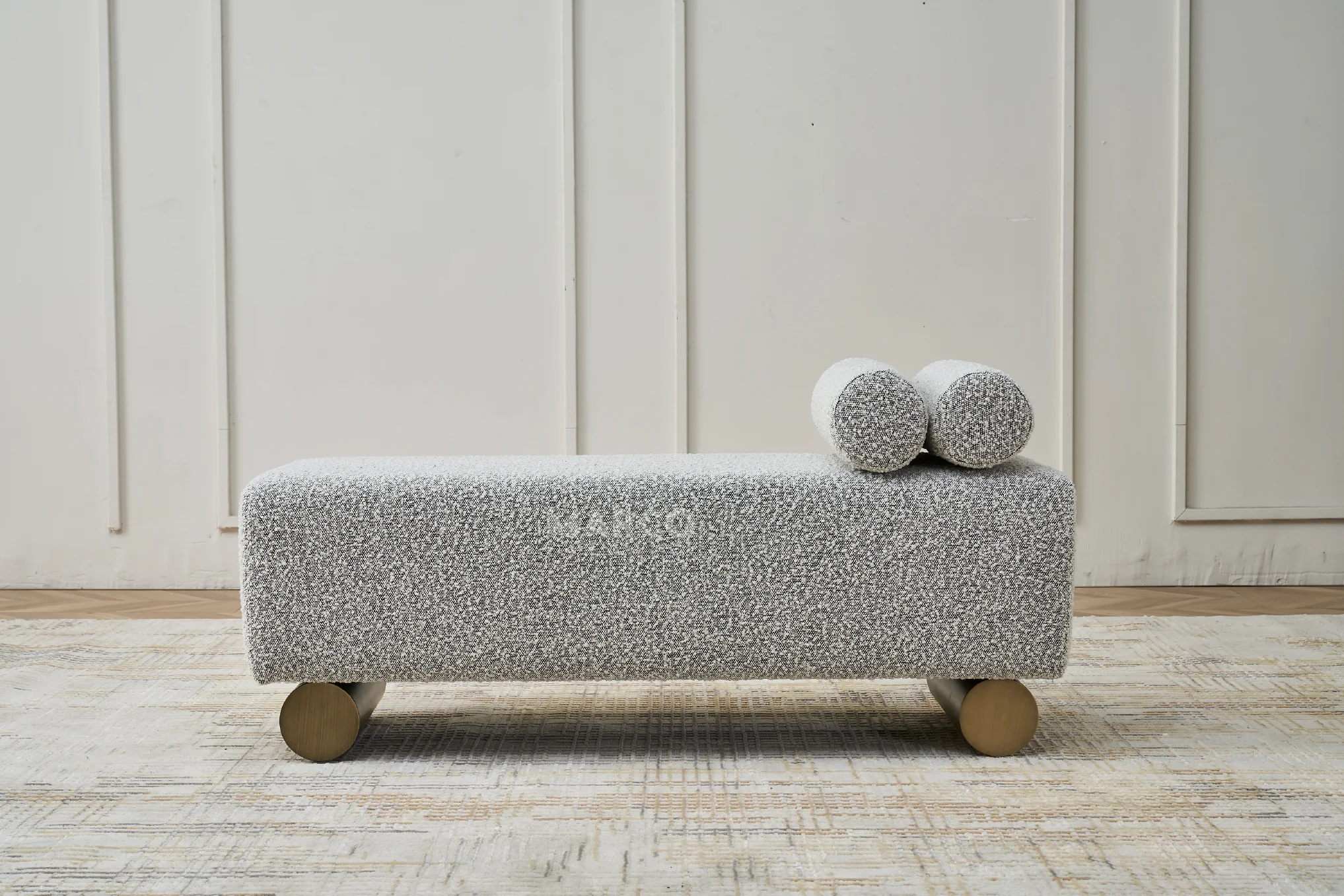 Amore Bouclé Ottoman – Cylindrical Legs Bench with Bolster Pillows - Image 2