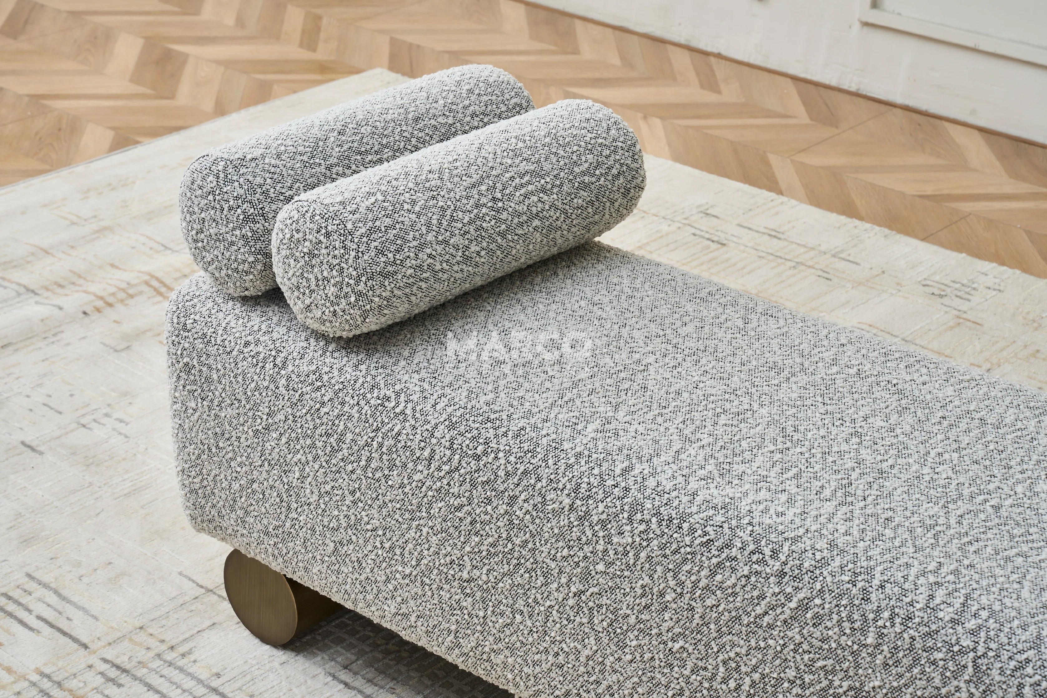 Amore Bouclé Ottoman – Cylindrical Legs Bench with Bolster Pillows - Image 3