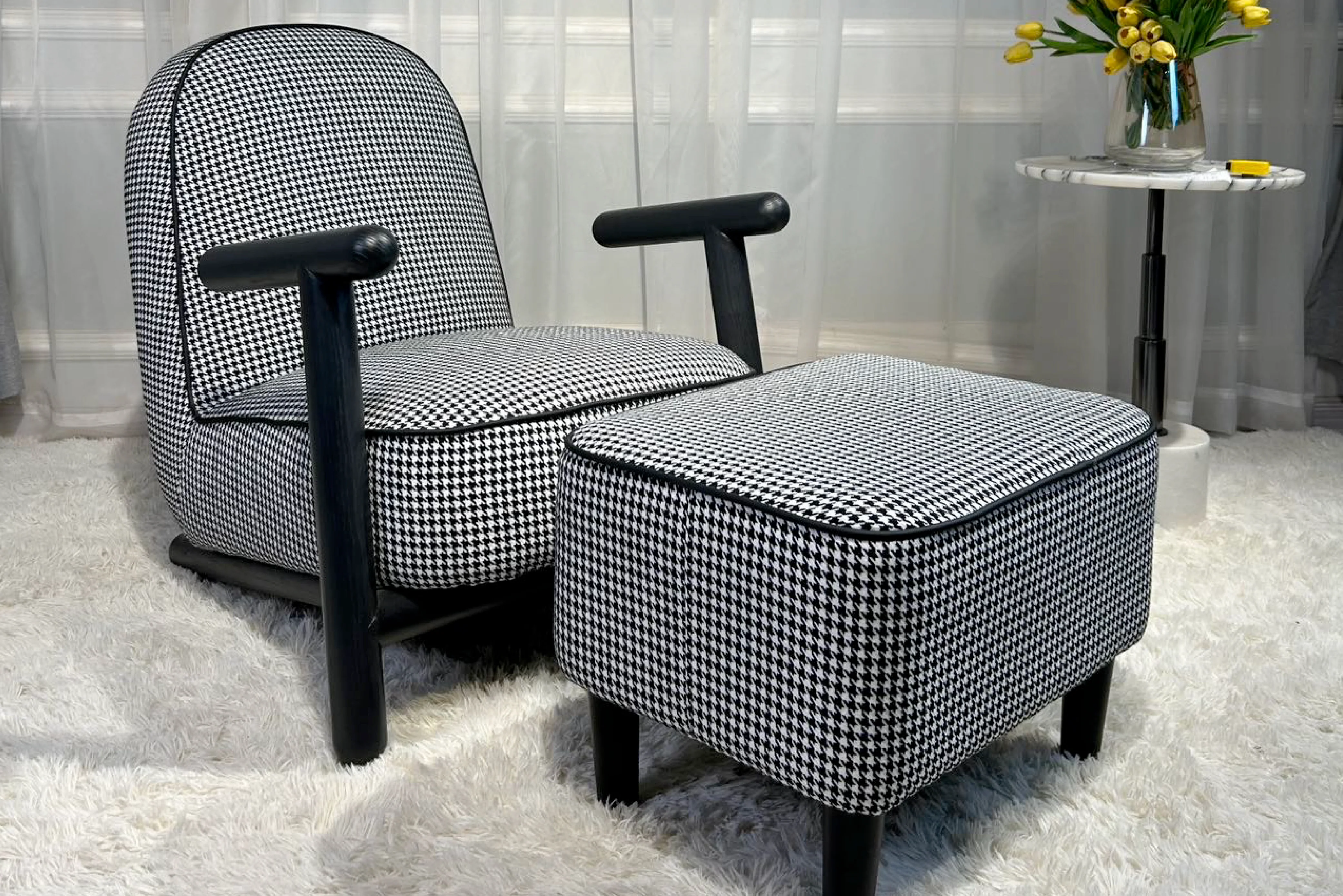 Apollo Houndstooth Armchair – Modern Wooden Accent Chair - Image 4