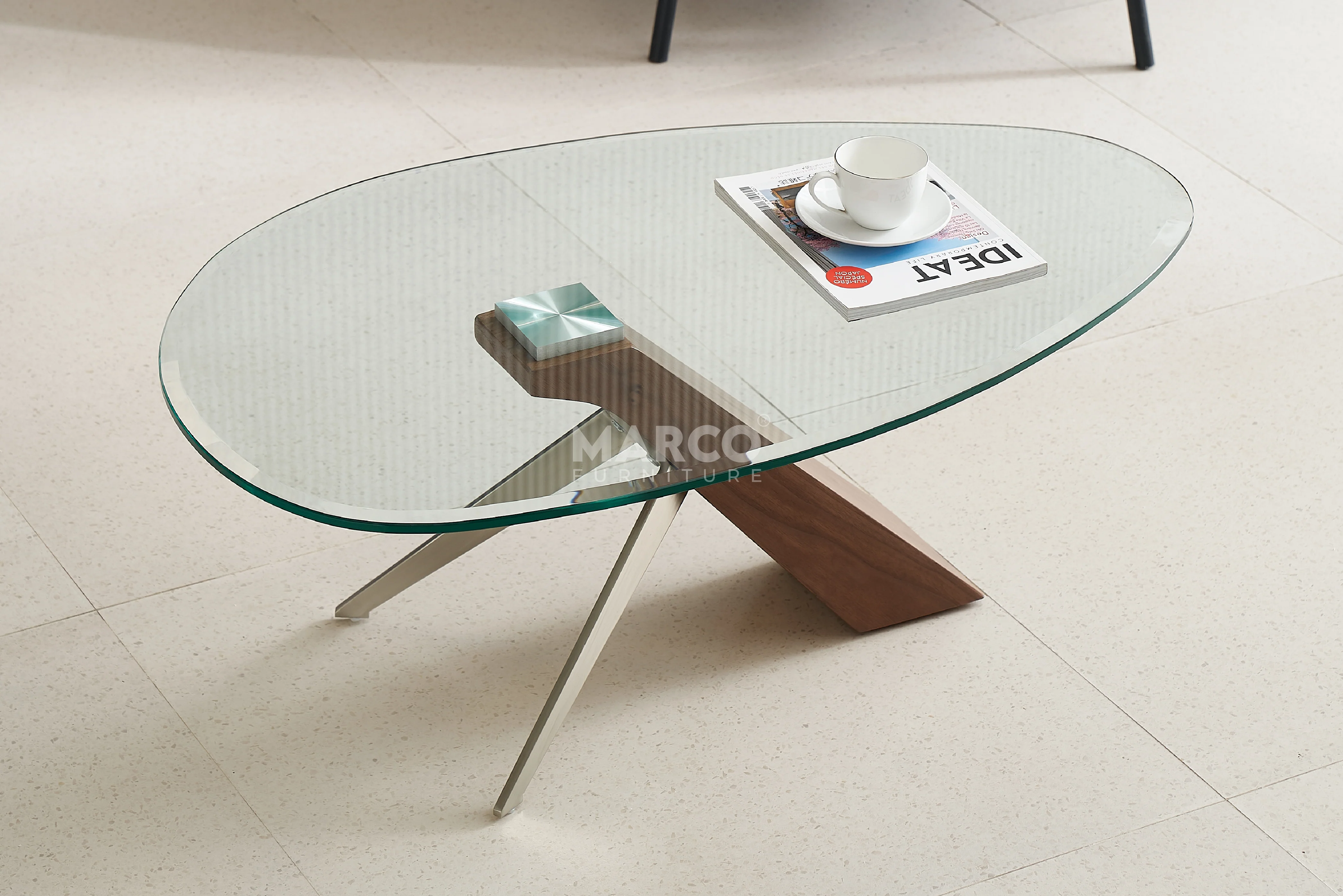Arco Glass Coffee Table in Walnut Color with 12mm Tempered Glass Top - Image 3