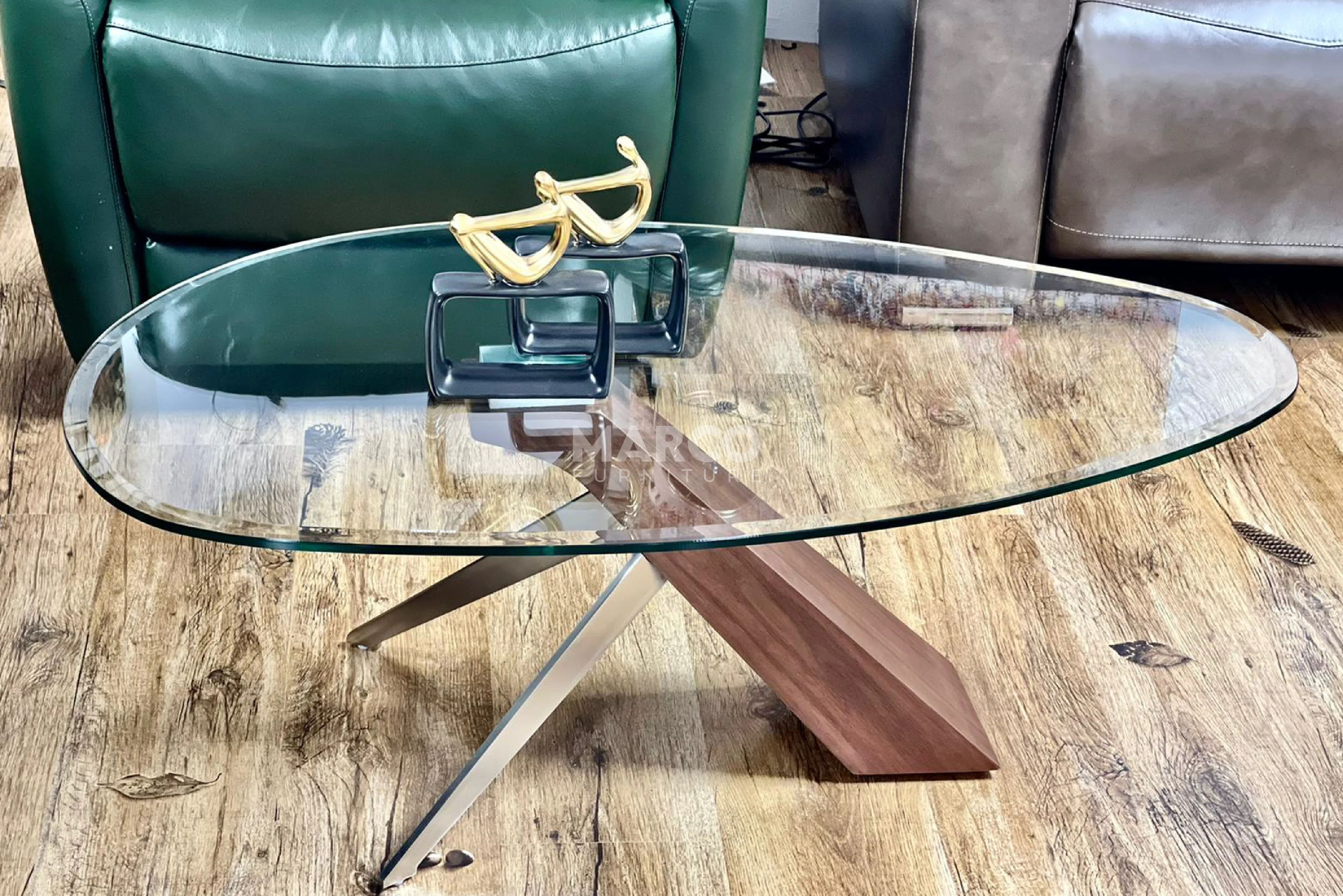 Arco Glass Coffee Table in Walnut Color with 12mm Tempered Glass Top - Image 4