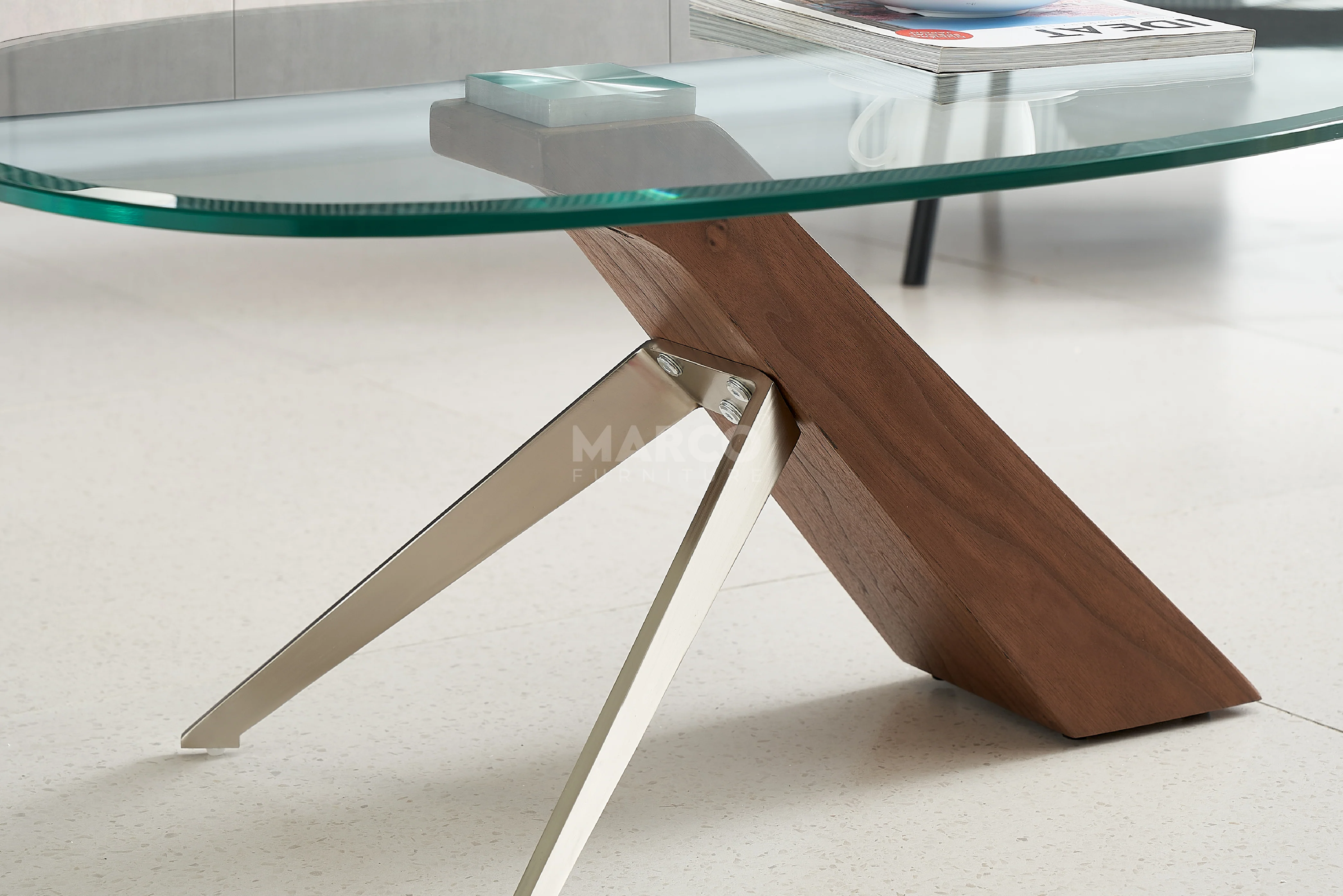 Arco Glass Coffee Table in Walnut Color with 12mm Tempered Glass Top - Image 5
