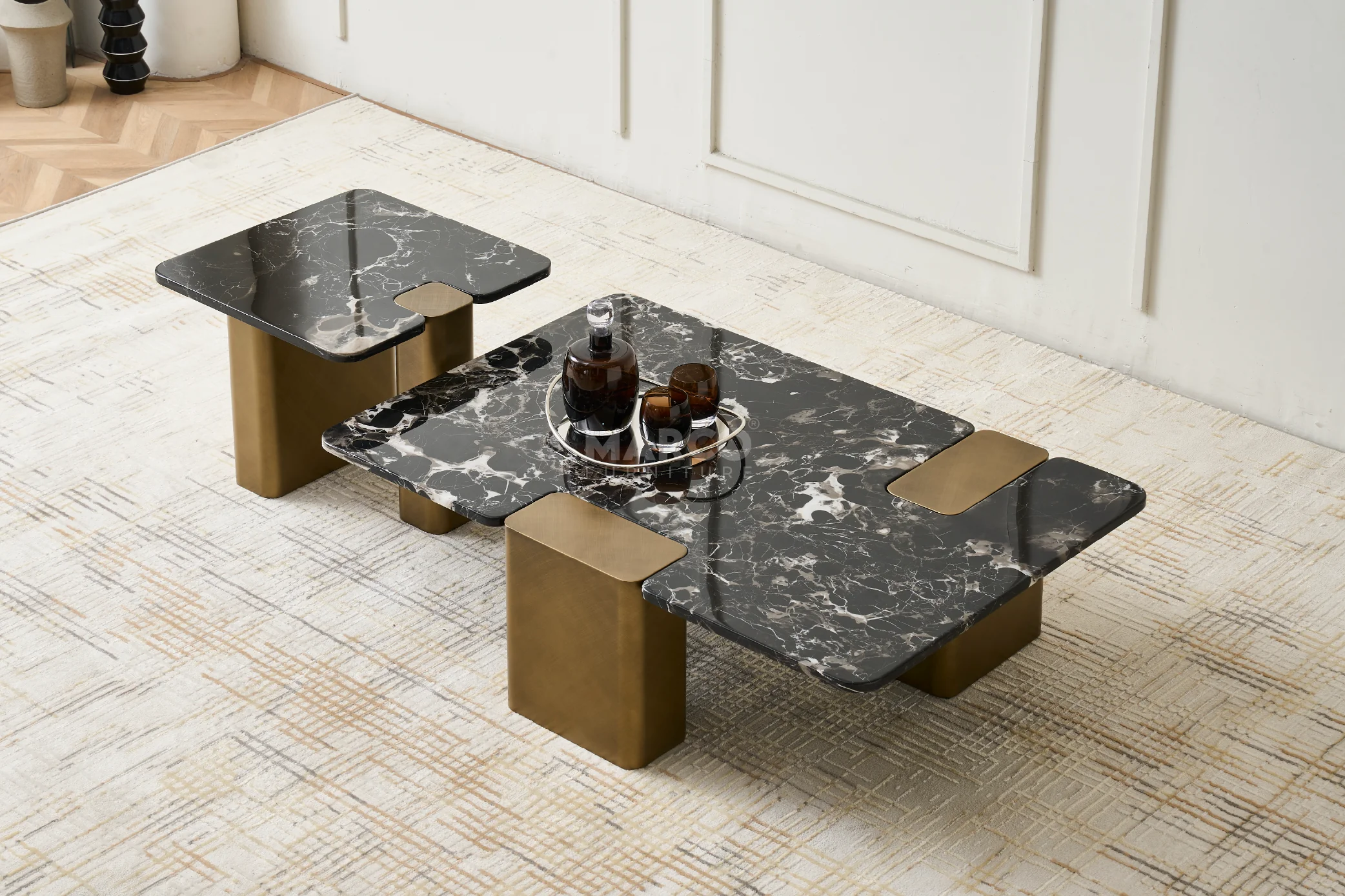 Aurora Black Rose Marble Top Coffee Table -  Metal Legs in Gold - Image 5