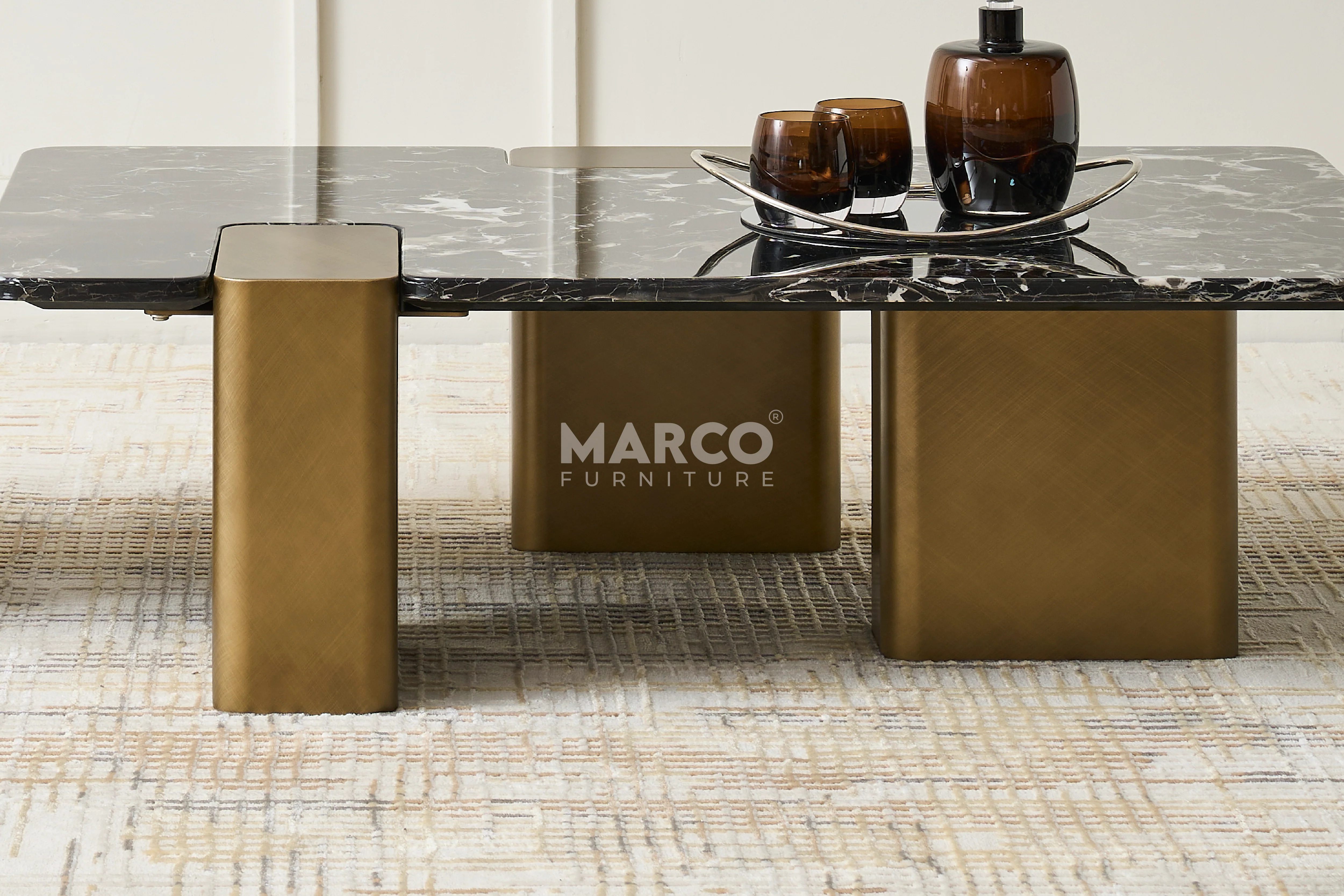 Aurora Black Rose Marble Top Coffee Table -  Metal Legs in Gold - Image 7