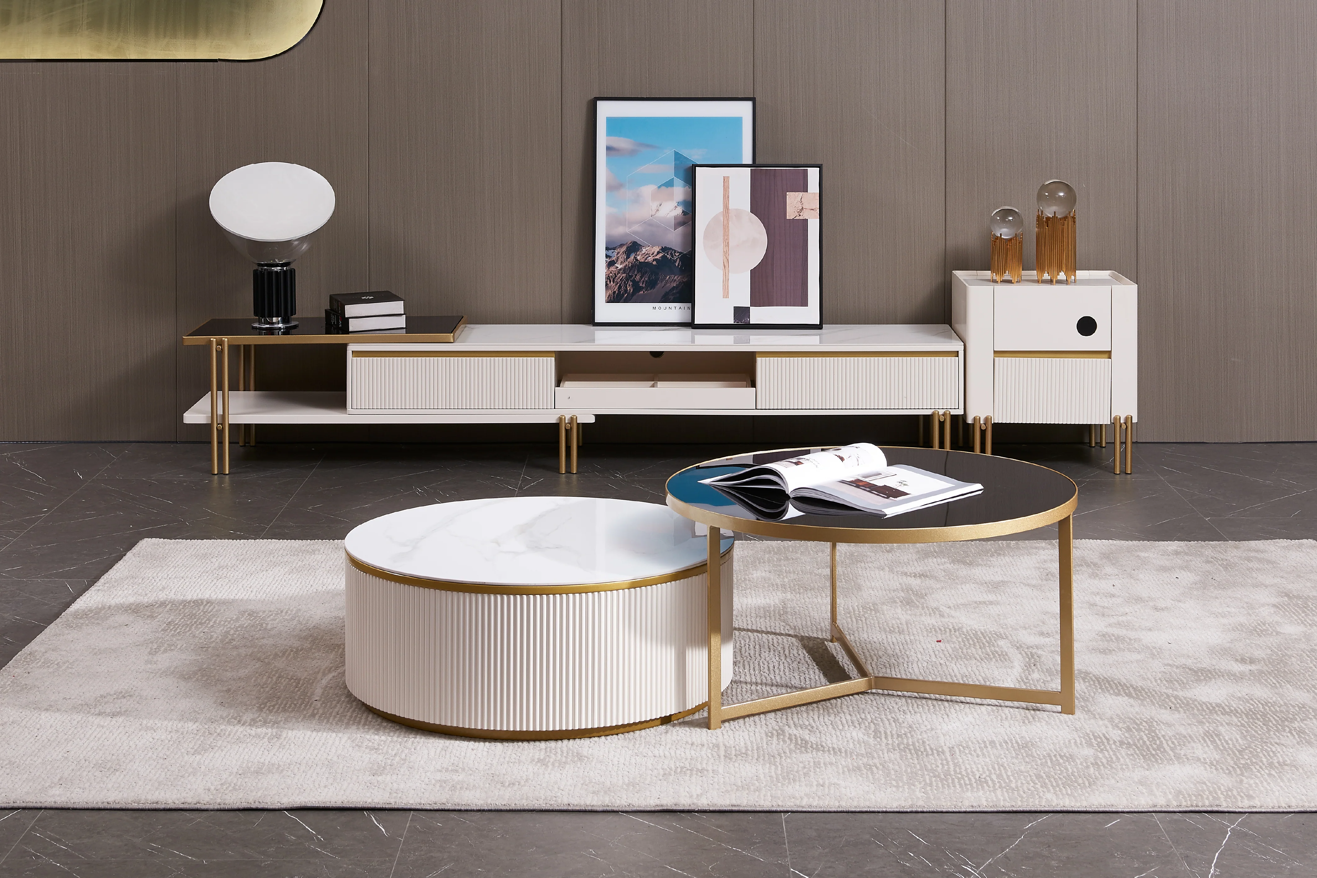 Austin Round Coffee Table Set in Matte Finish with Golden Metal Base, Ceramic Top, and Soft-Close Wood Drawers - Image 3