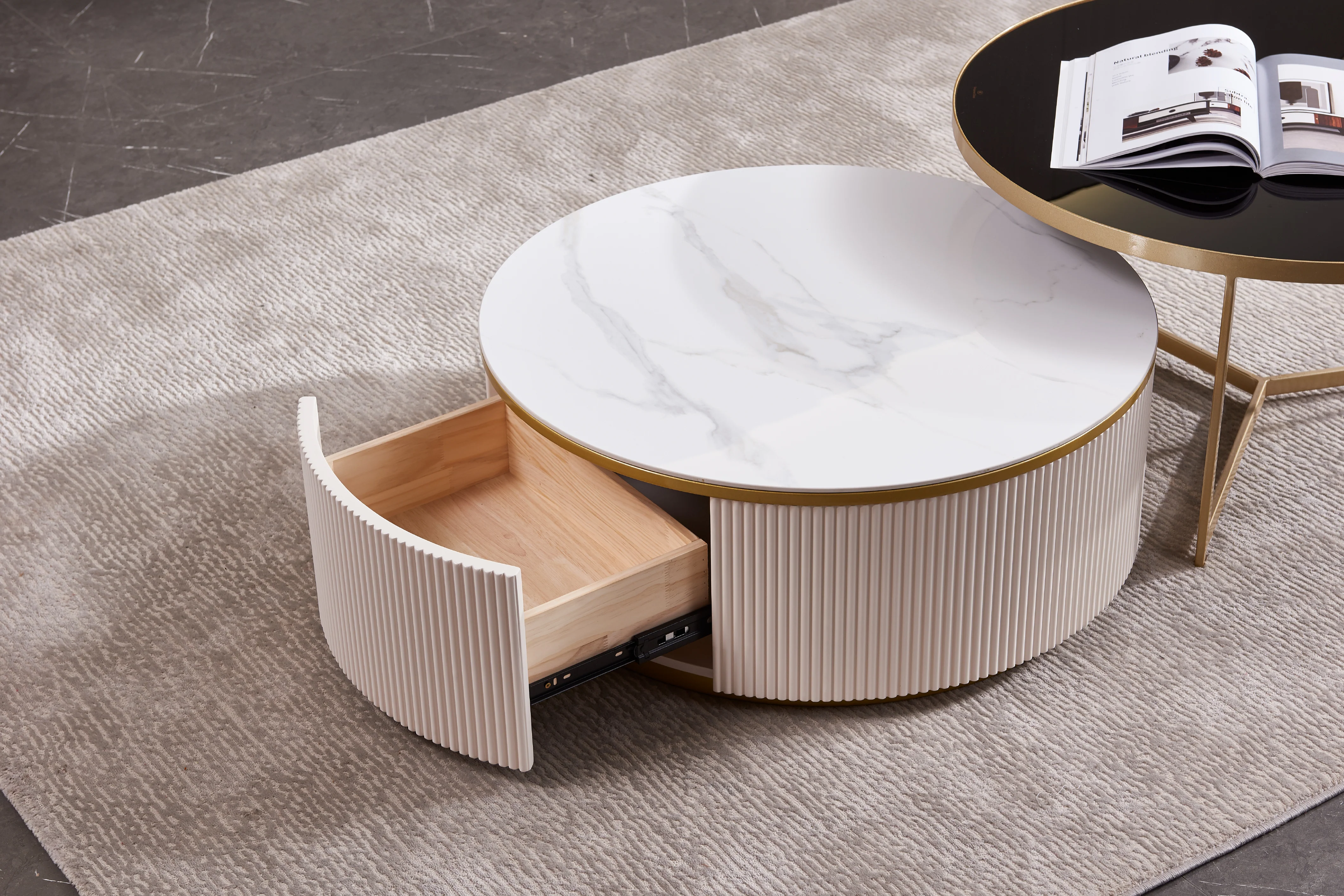 Austin Round Coffee Table Set in Matte Finish with Golden Metal Base, Ceramic Top, and Soft-Close Wood Drawers - Image 5