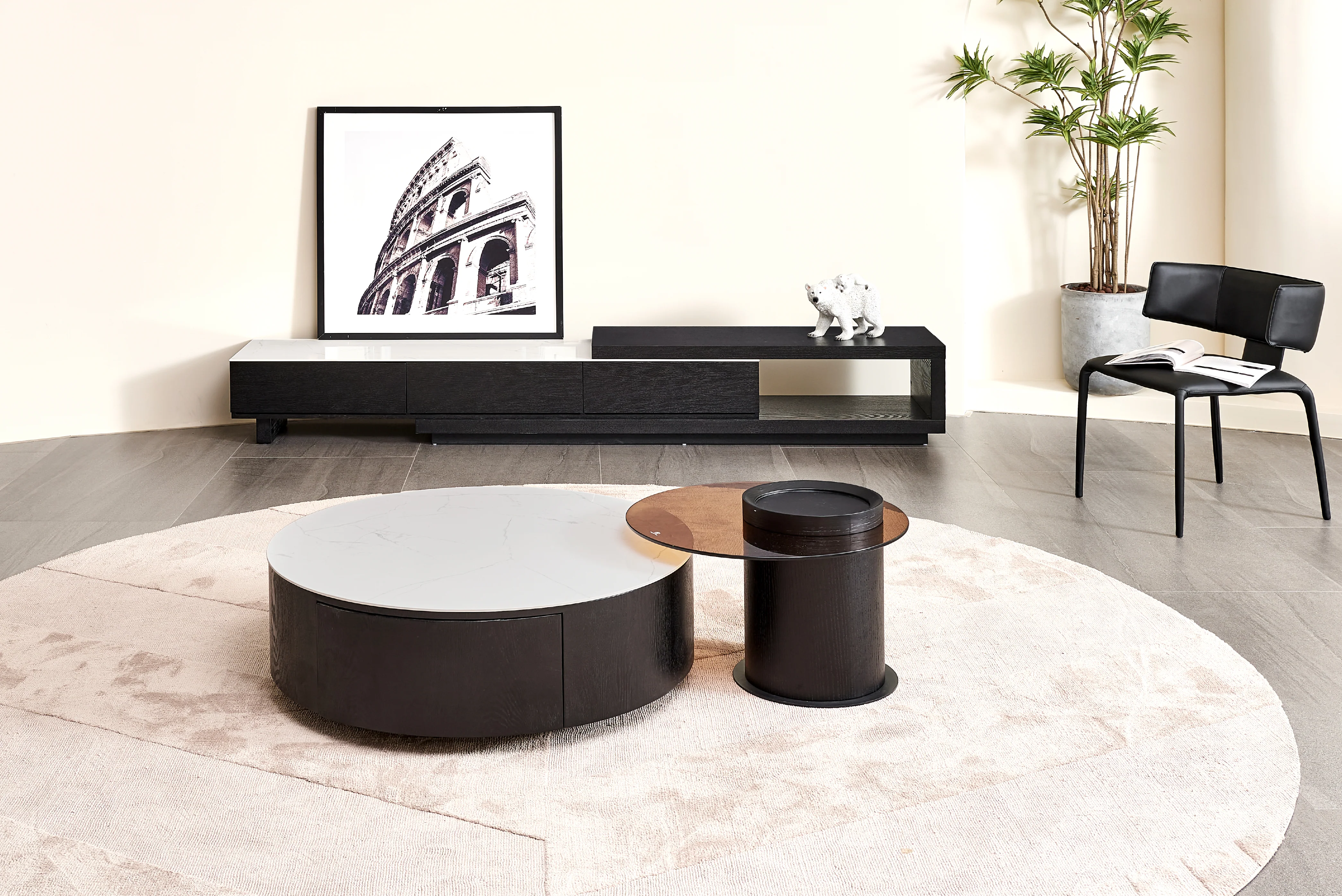 Bahamas Round Ceramic Coffee Table with 2 Drawers & Glass Top Side Table (Set of 2) - Image 3