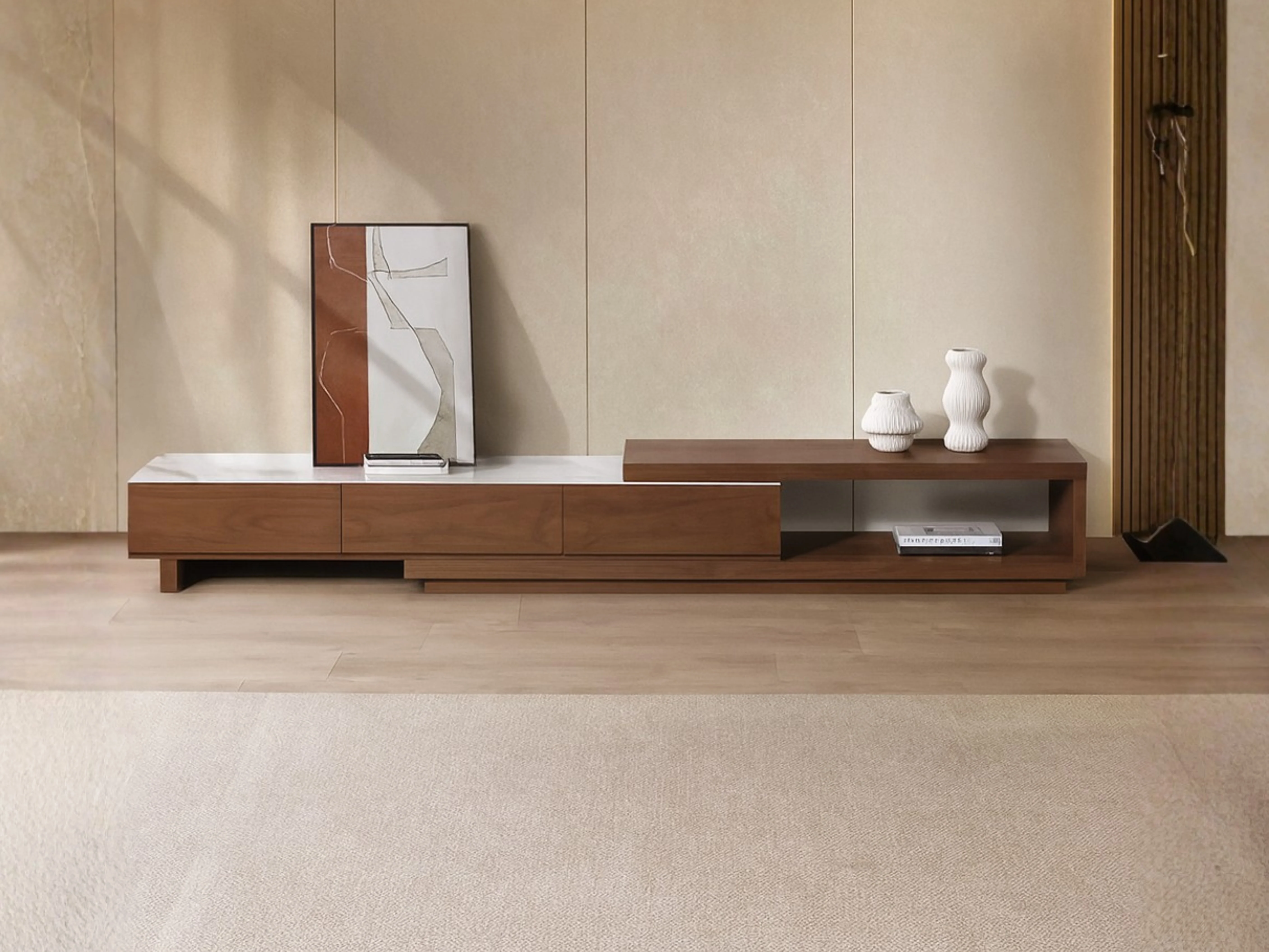 Bahamas Walnut & White Sintered Stone Extendable TV Unit - Image 2