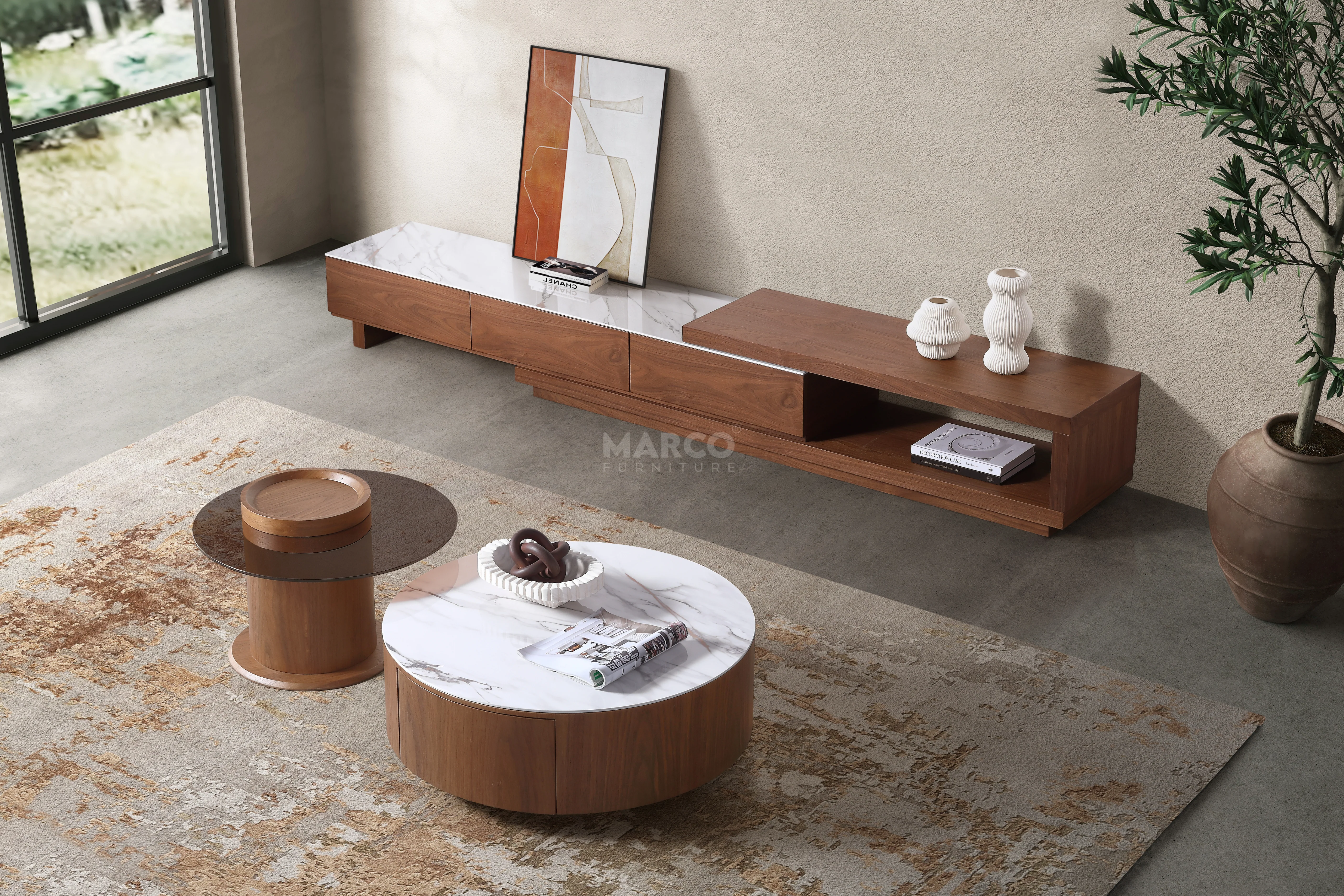 Bahamas Walnut & White Sintered Stone Extendable TV Unit - Image 4