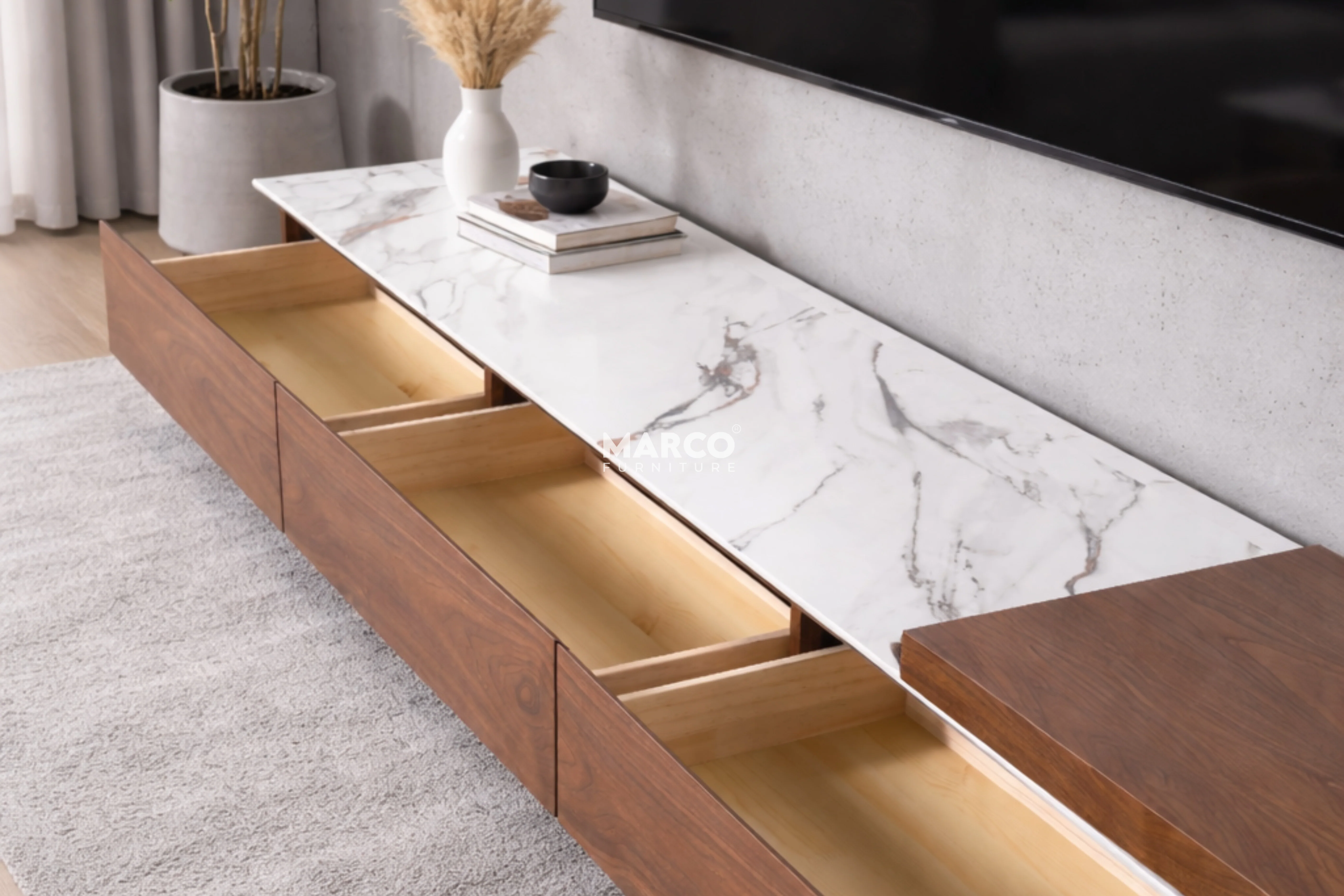 Bahamas Walnut & White Sintered Stone Extendable TV Unit - Image 6