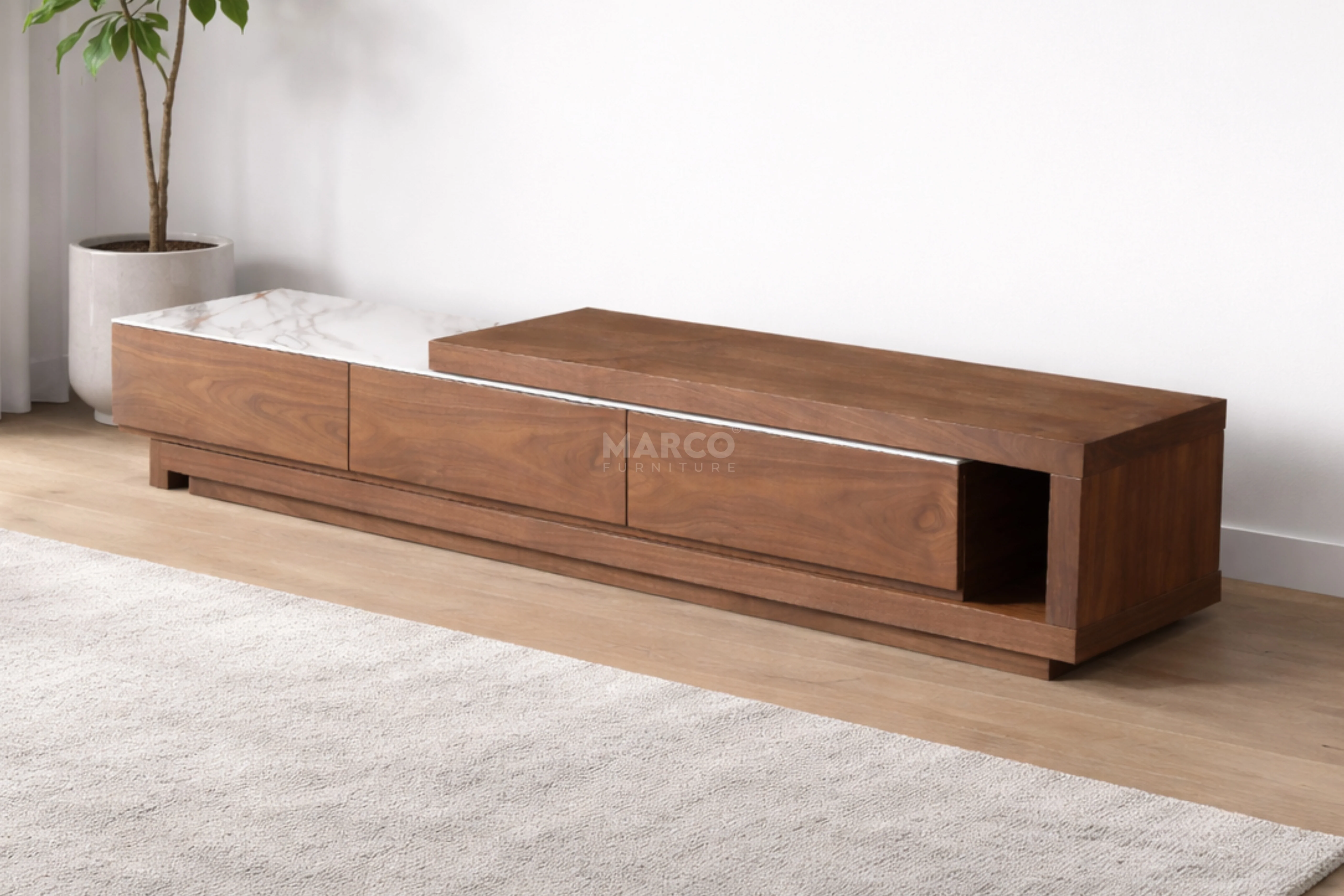 Bahamas Walnut & White Sintered Stone Extendable TV Unit - Image 7