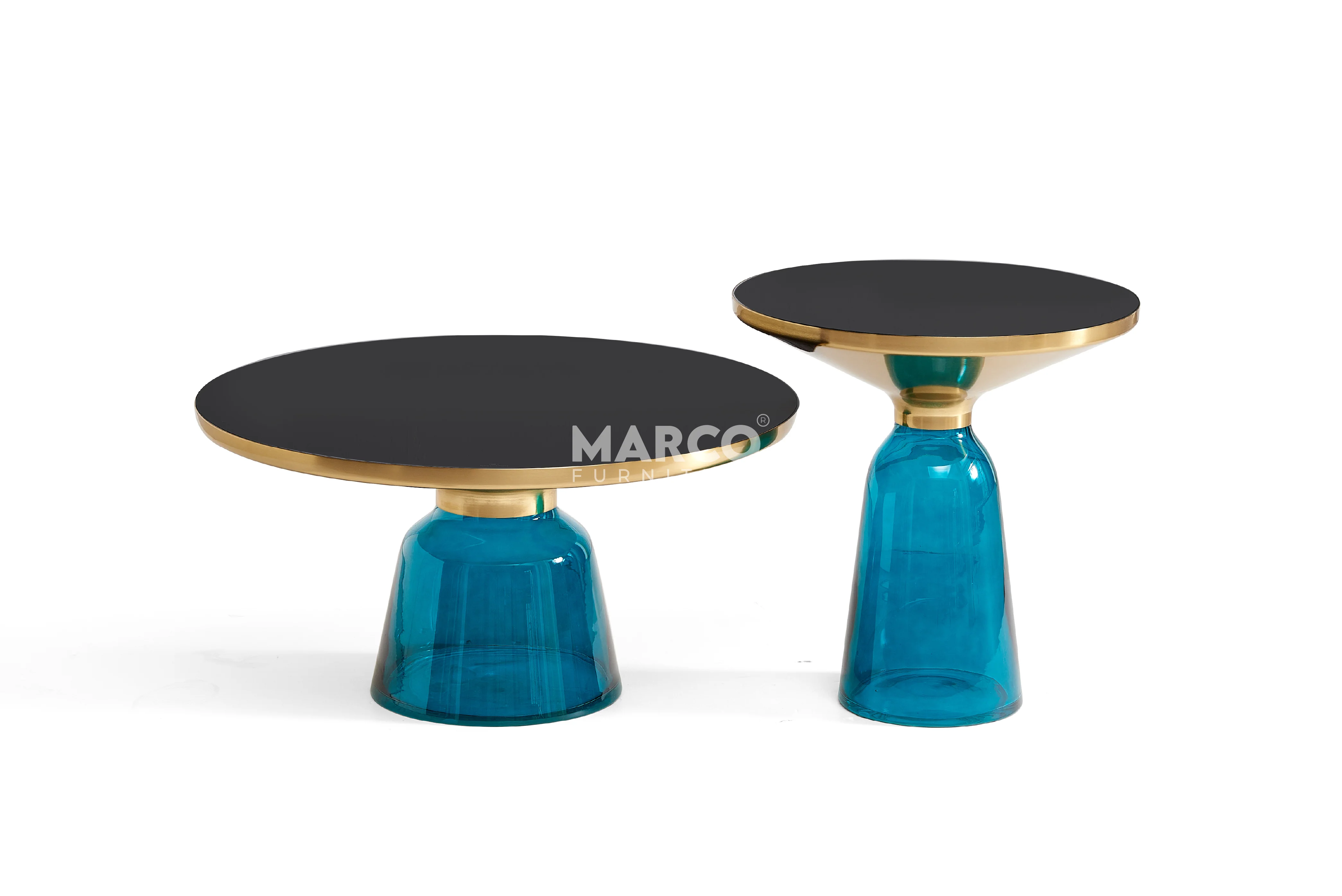 Bell Round Glass Coffee Table (BLUE) with Hand-Blown Glass Base (Set of 2) - Image 6