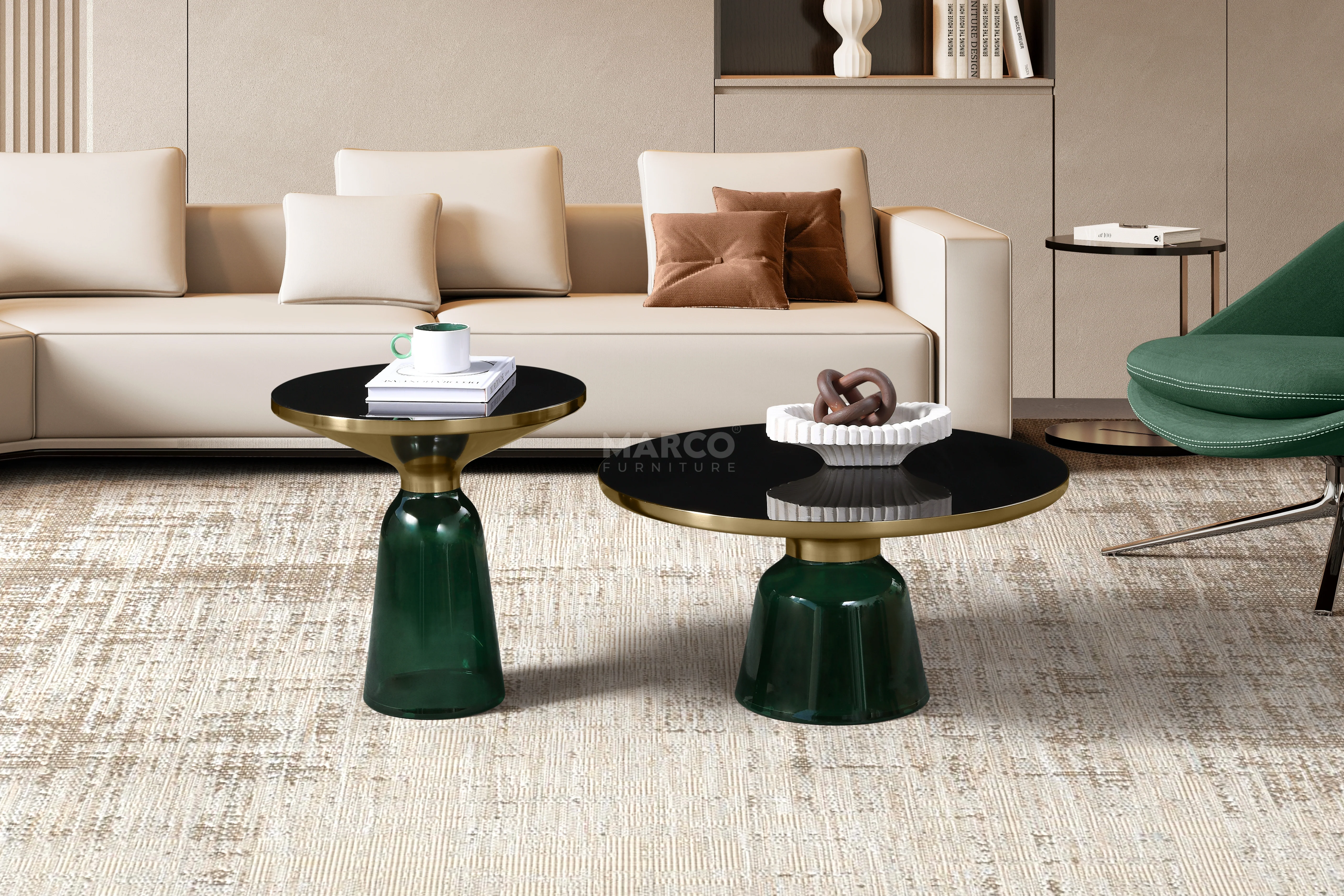 Bell Round Glass Coffee Table (GREEN) with Hand-Blown Glass Base (Set of 2) - Image 2