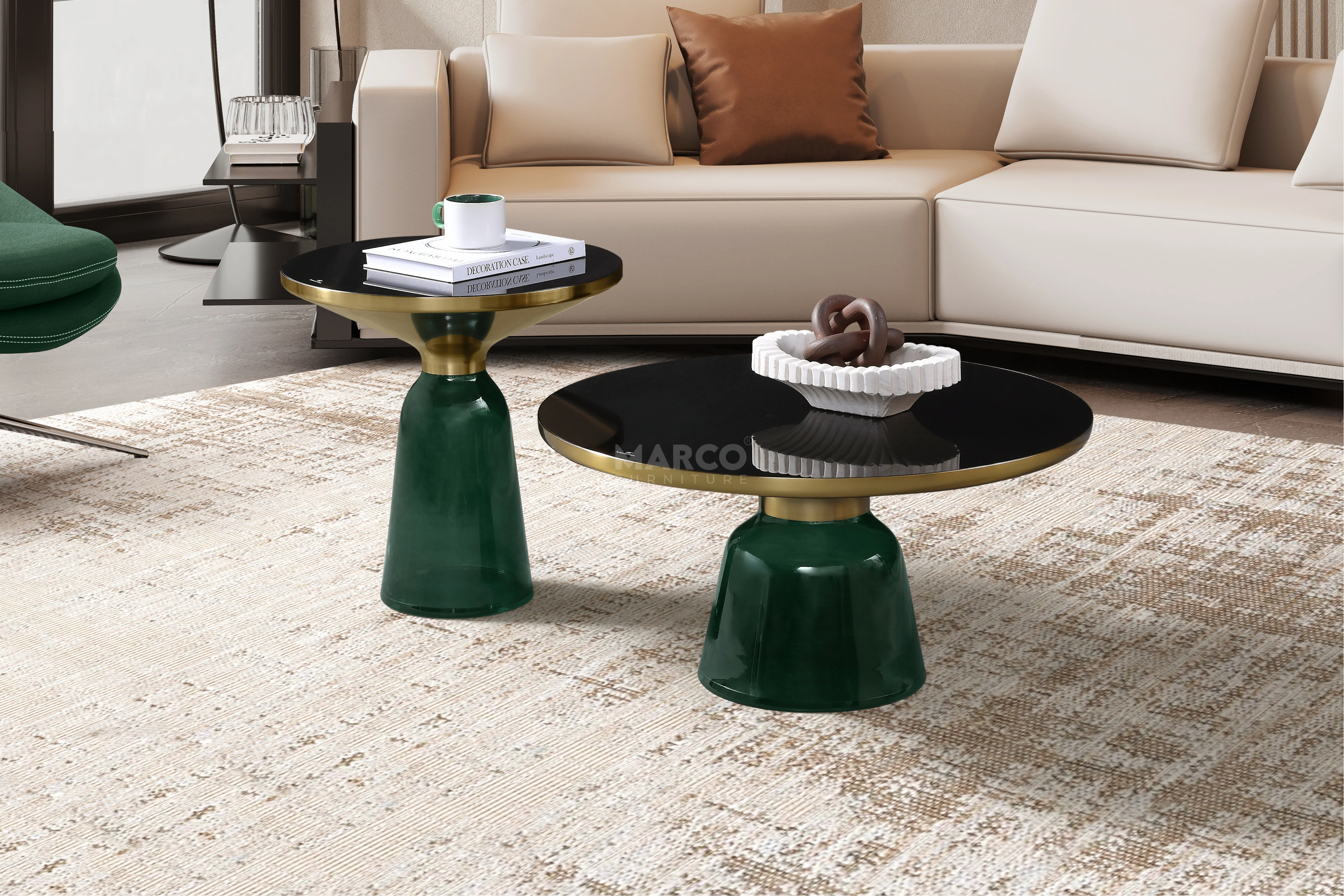 Bell Round Glass Coffee Table (GREEN) with Hand-Blown Glass Base (Set of 2) - Image 3