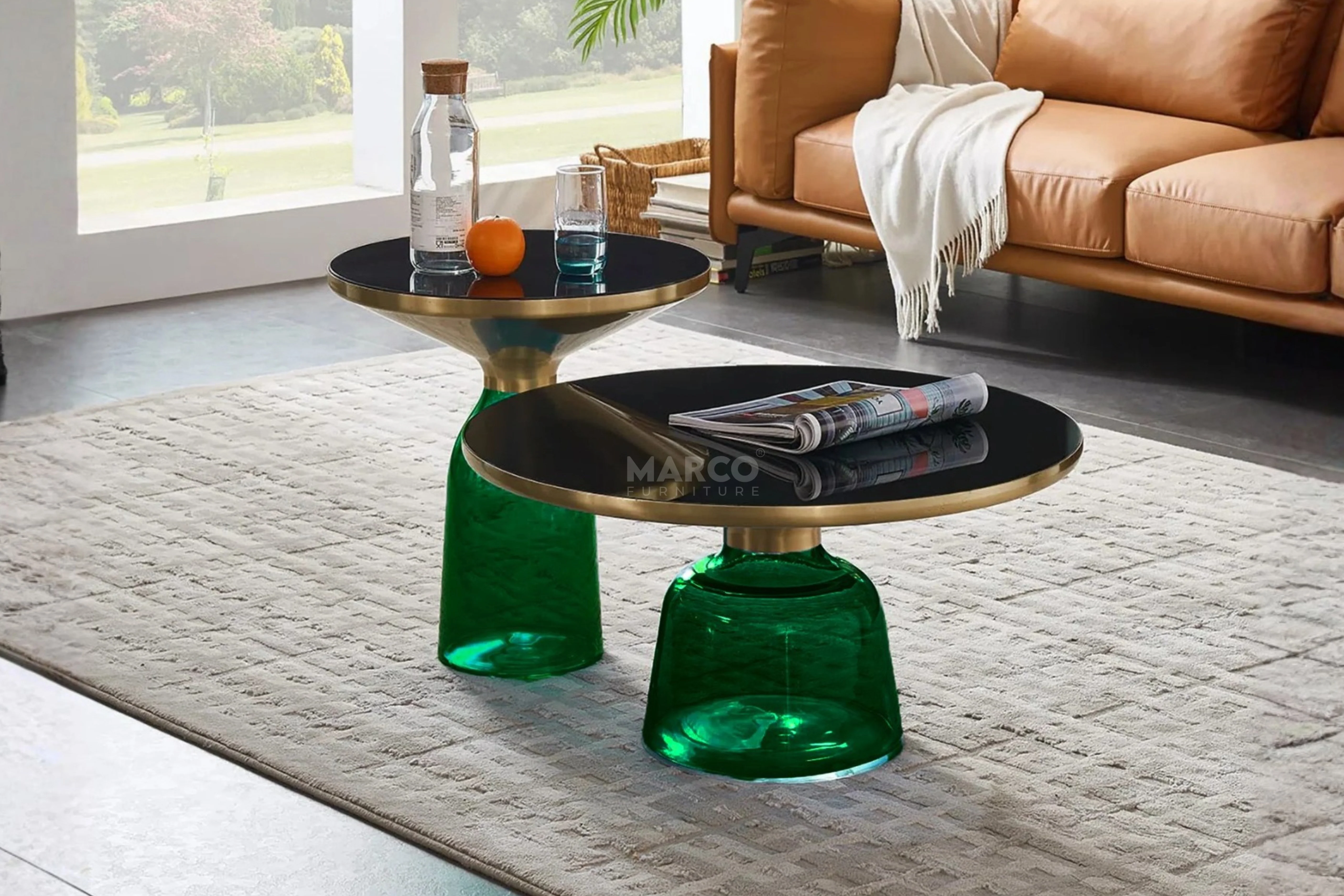 Bell Round Glass Coffee Table (GREEN) with Hand-Blown Glass Base (Set of 2) - Image 4