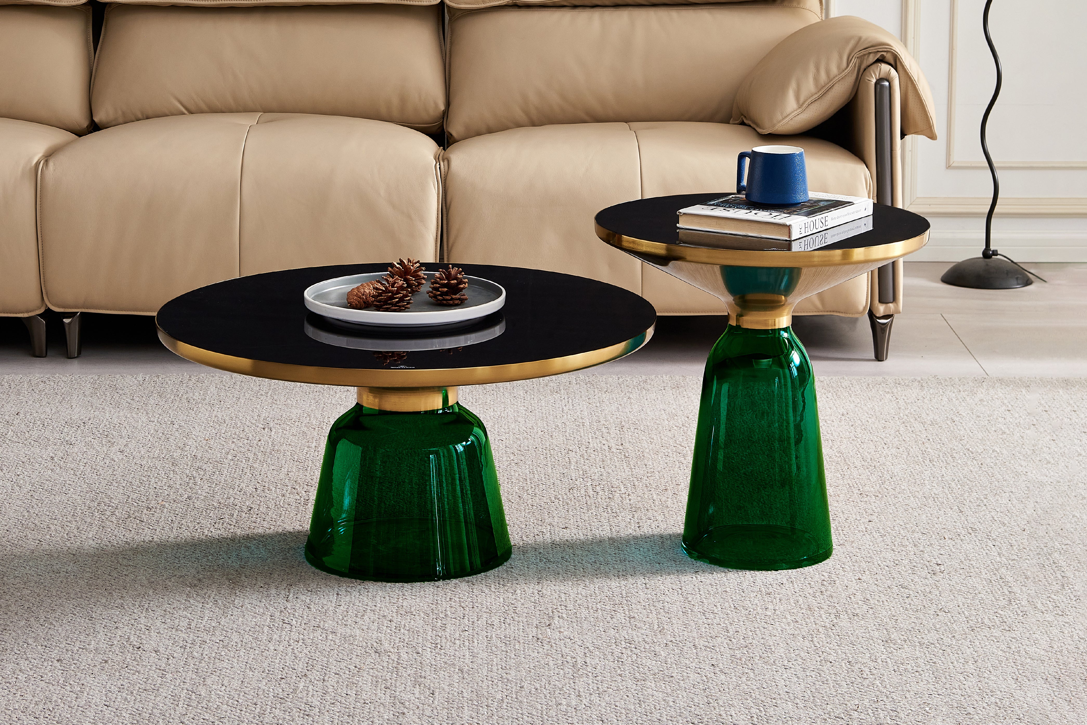 Bell Round Glass Coffee Table (GREEN) with Hand-Blown Glass Base (Set of 2) - Image 5