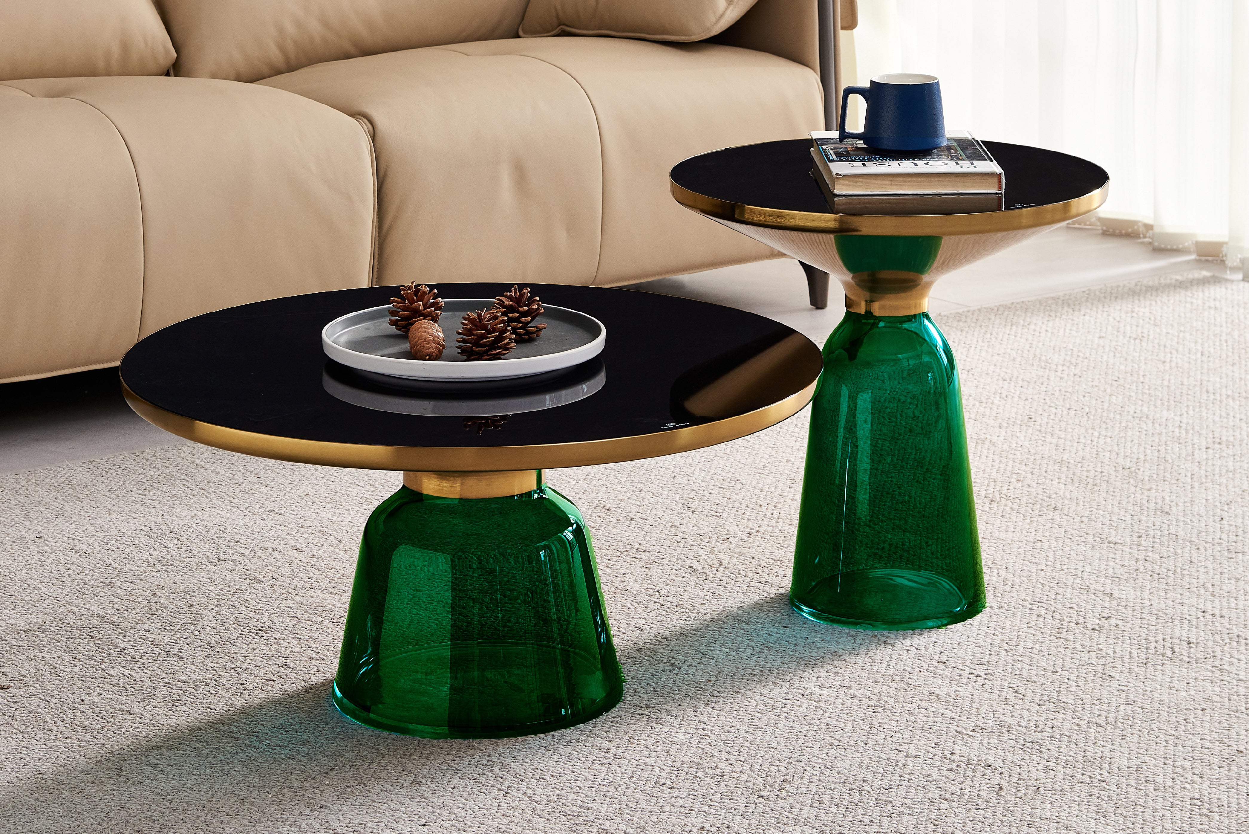 Bell Round Glass Coffee Table (GREEN) with Hand-Blown Glass Base (Set of 2) - Image 7