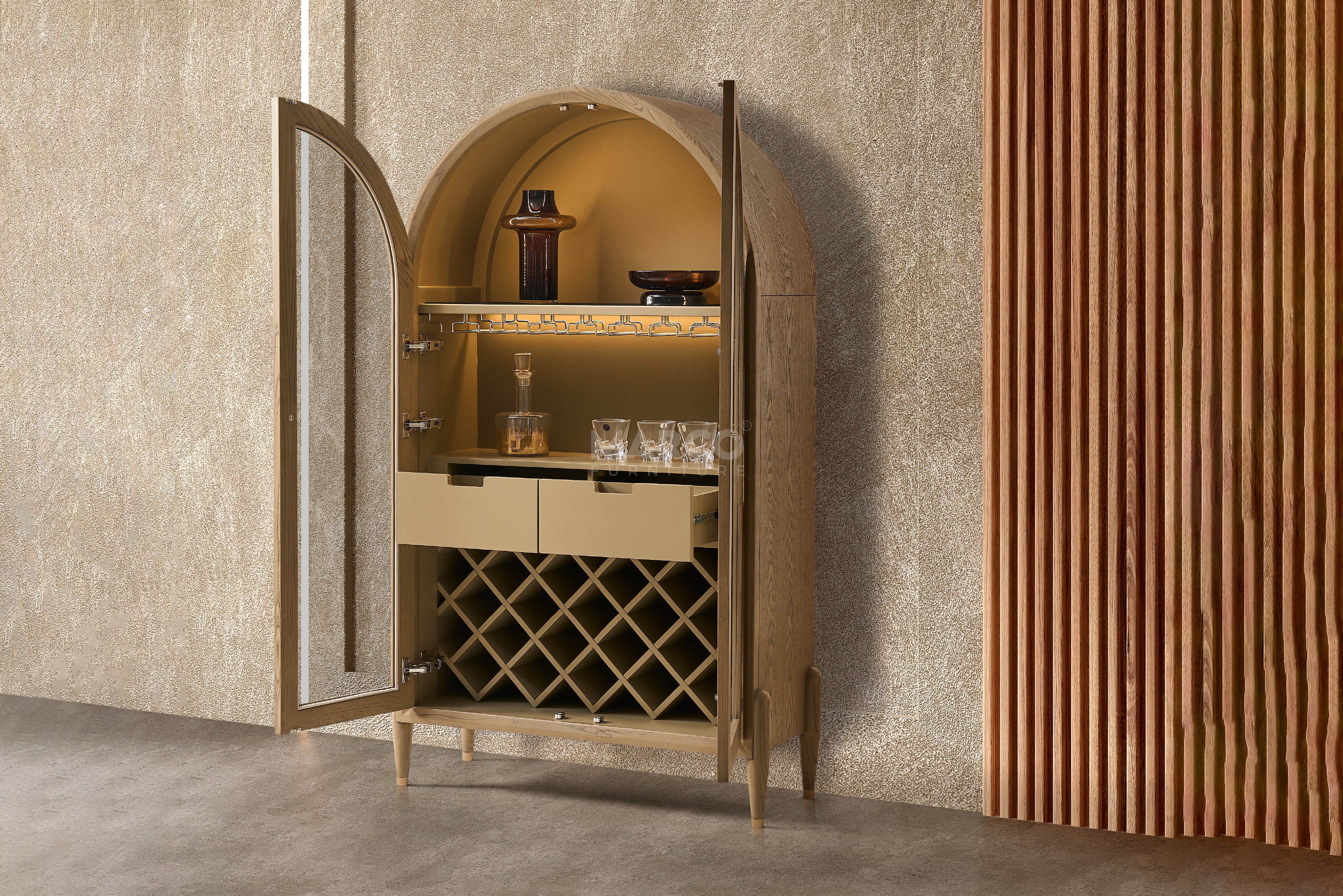 Bella Tavola Wine Cabinet – Arched Bar Cabinet with Glass Holders & Storage - Image 3