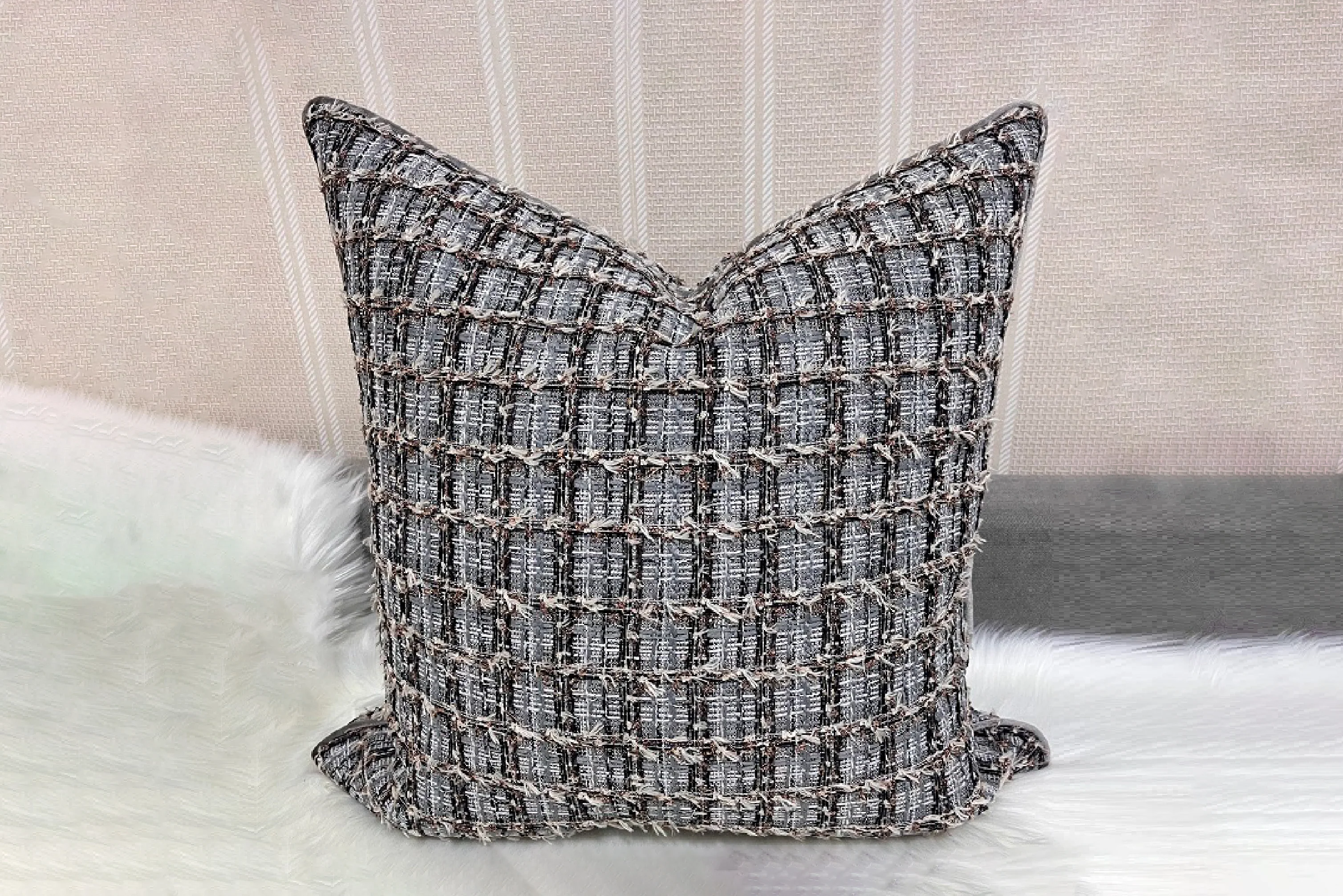 Black & Beige Woven Designer Feather-Filled Cushion