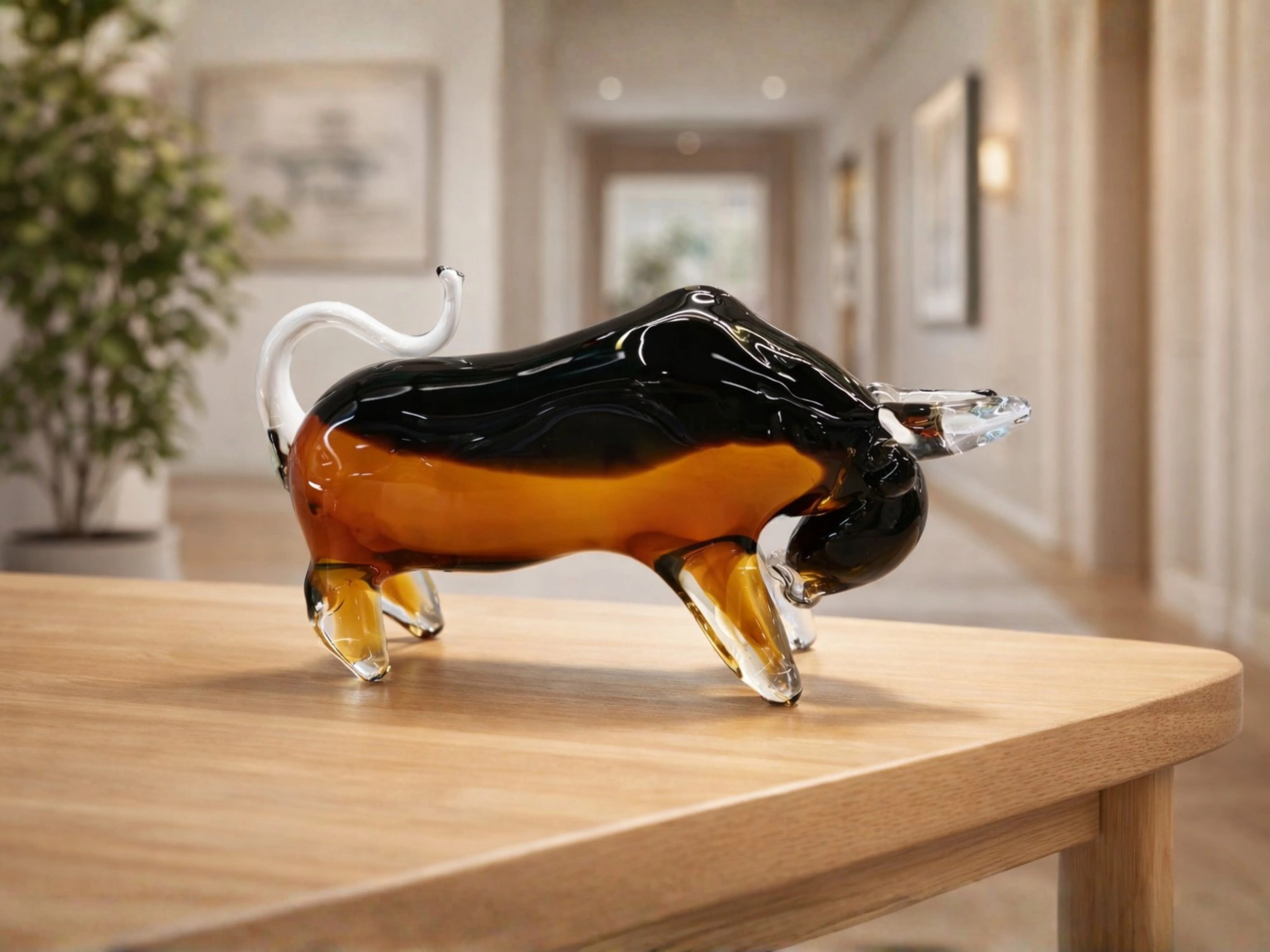 Amber Hand-Blown Glass Bull Sculpture