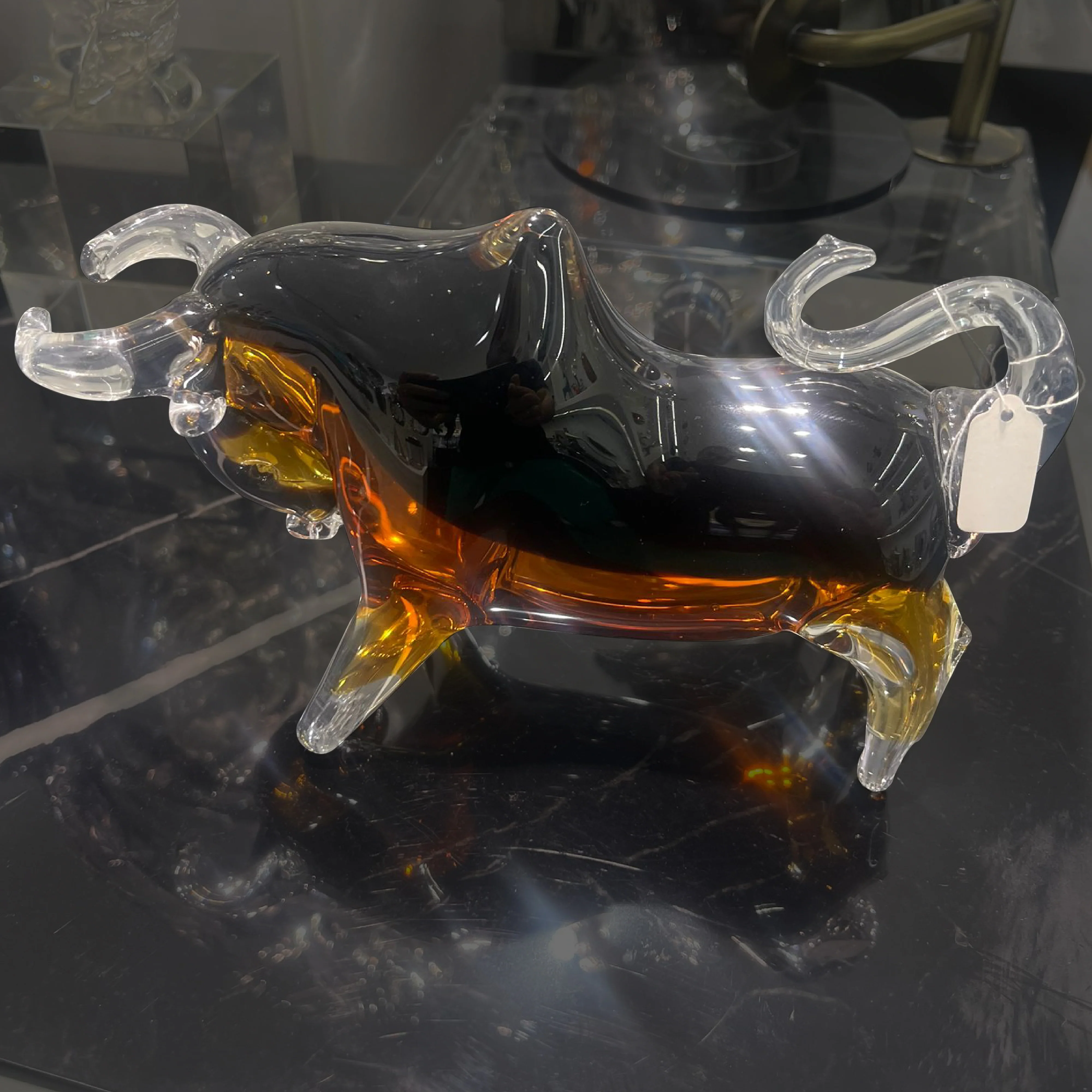 Amber Hand-Blown Glass Bull Sculpture - Image 3