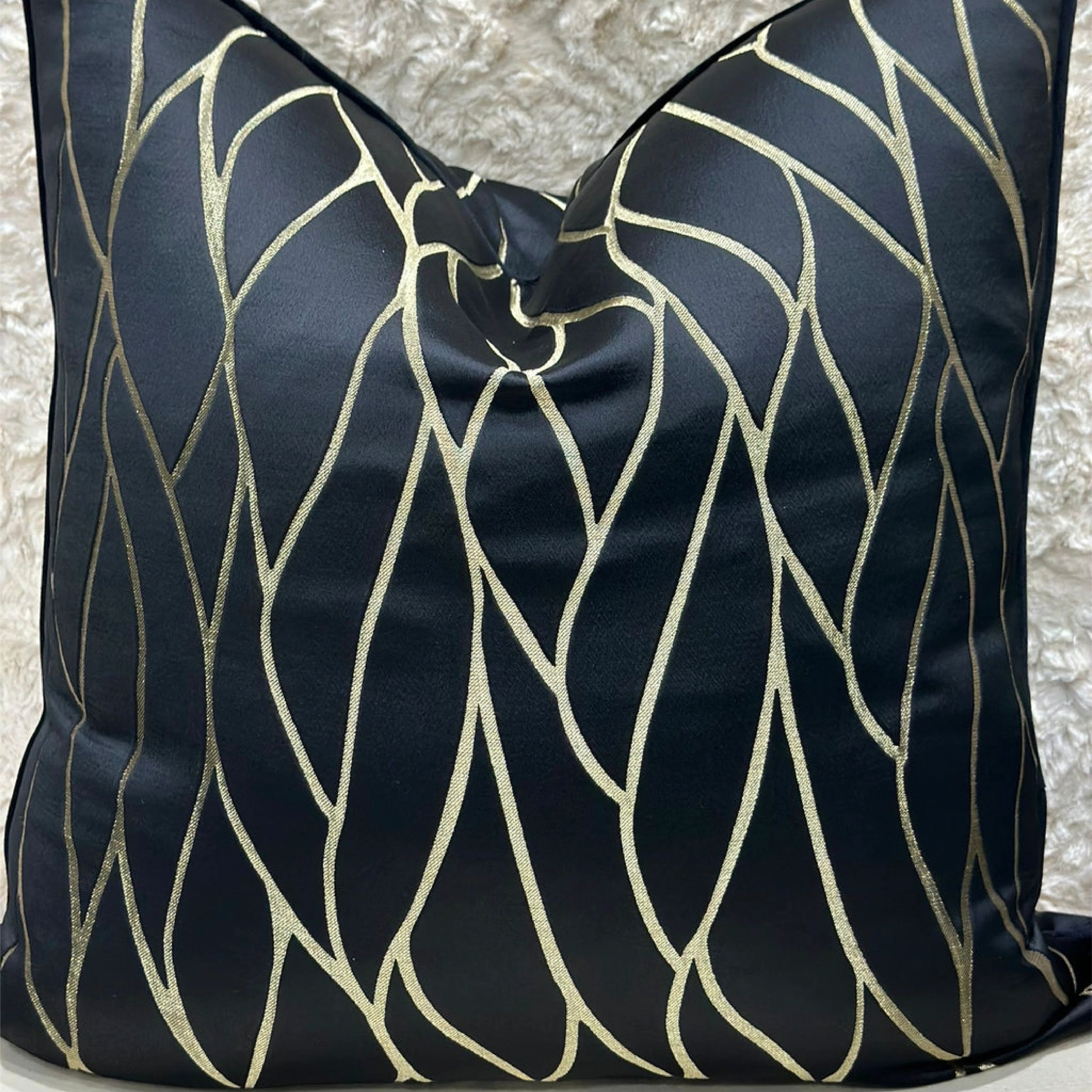 Black & Gold Geometric Pattern Feather-Filled Cushion - Image 2