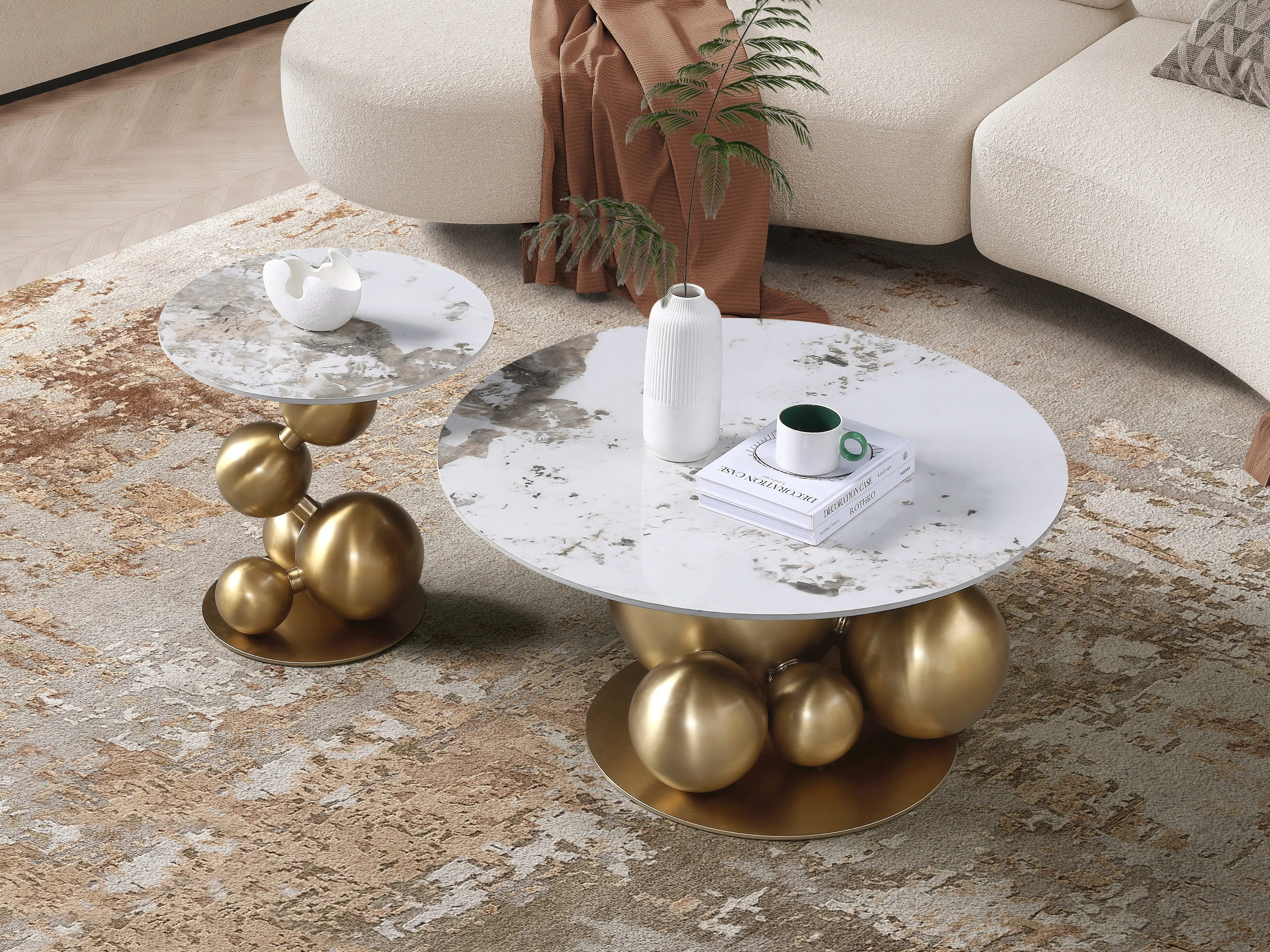 Bruno Sintered Stone Top Coffee Table Set with Gold Steel Base