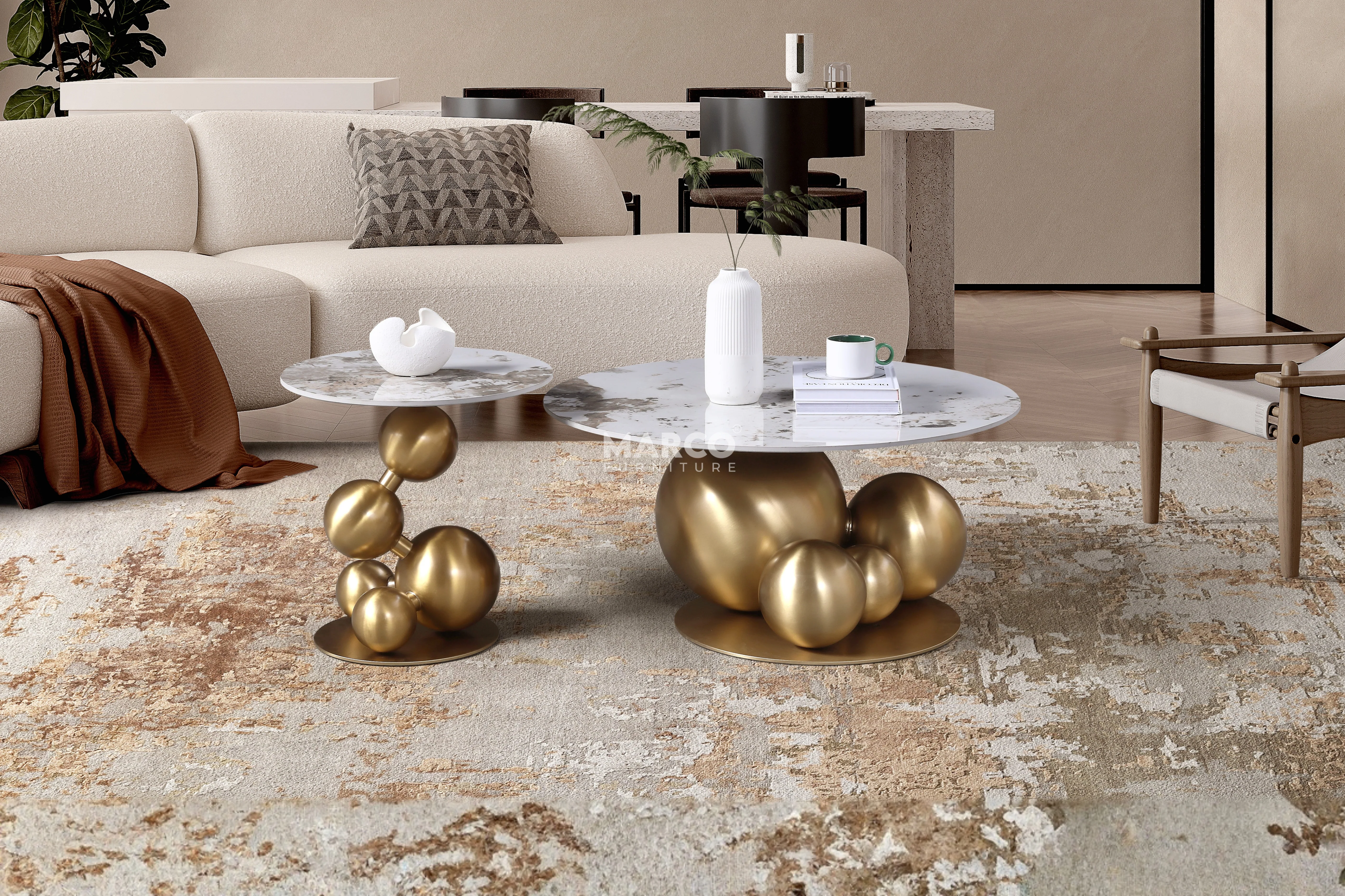 Bruno Sintered Stone Top Coffee Table Set with Gold Steel Base - Image 2