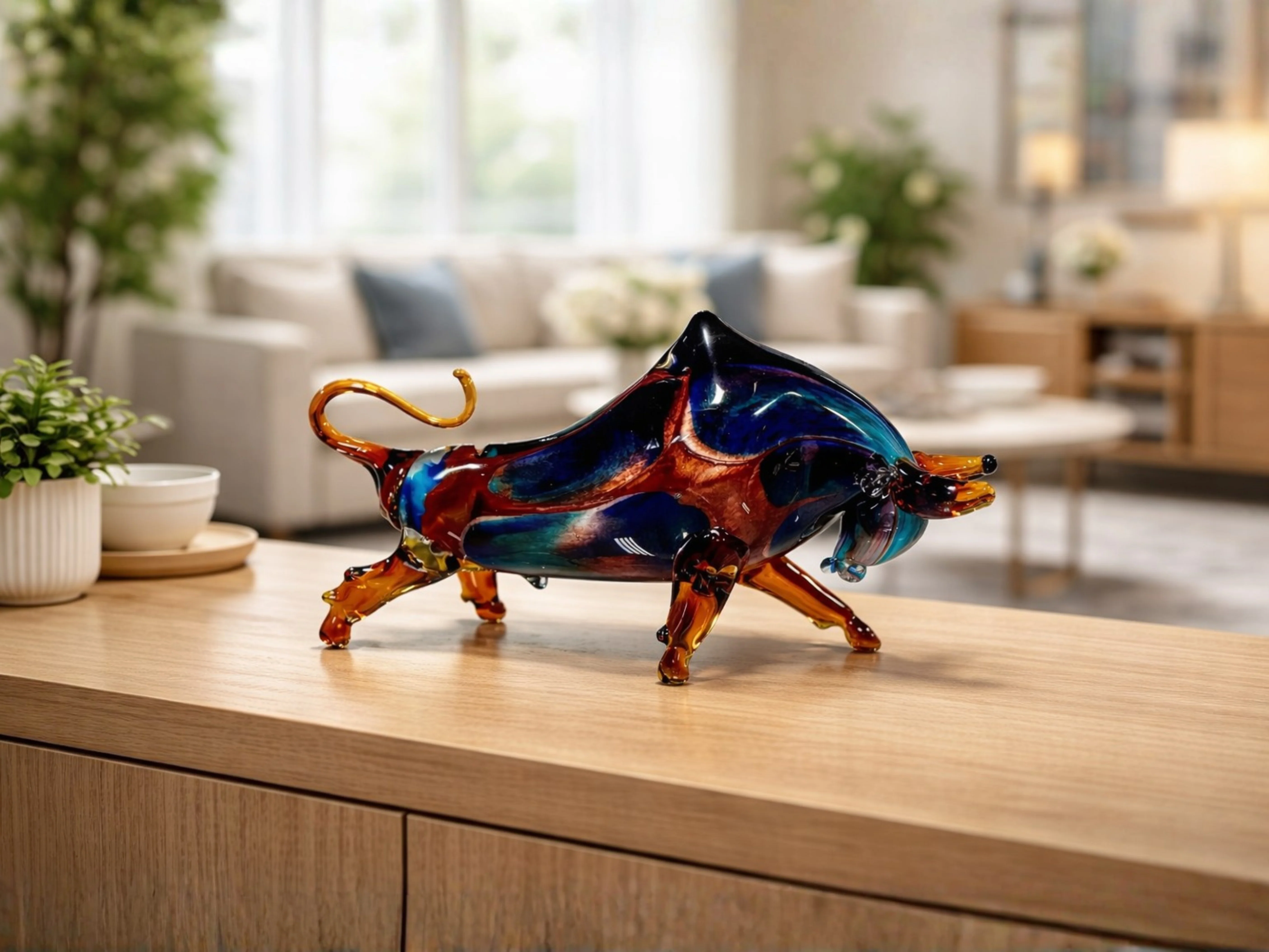 Bull Murano Style Glass Sculpture In Blue