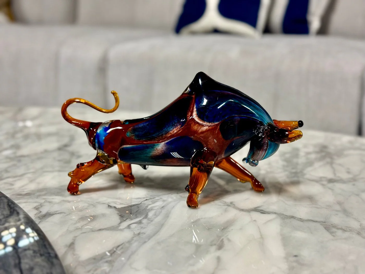 Bull Murano Style Glass Sculpture In Blue - Image 2