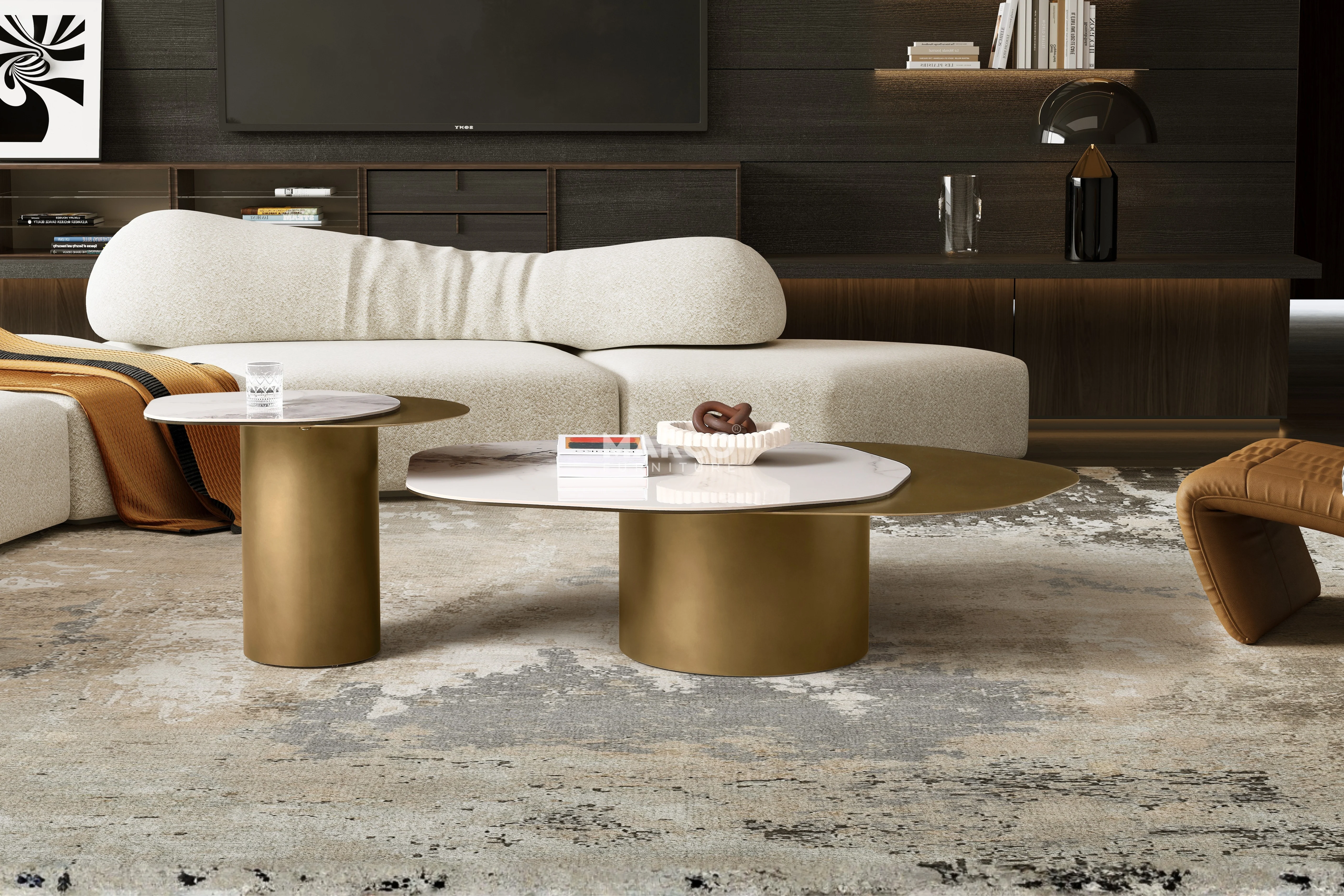 Capri Chanel Sintered Stone Modern Coffee Table - Gold Cylindrical Base - Image 2