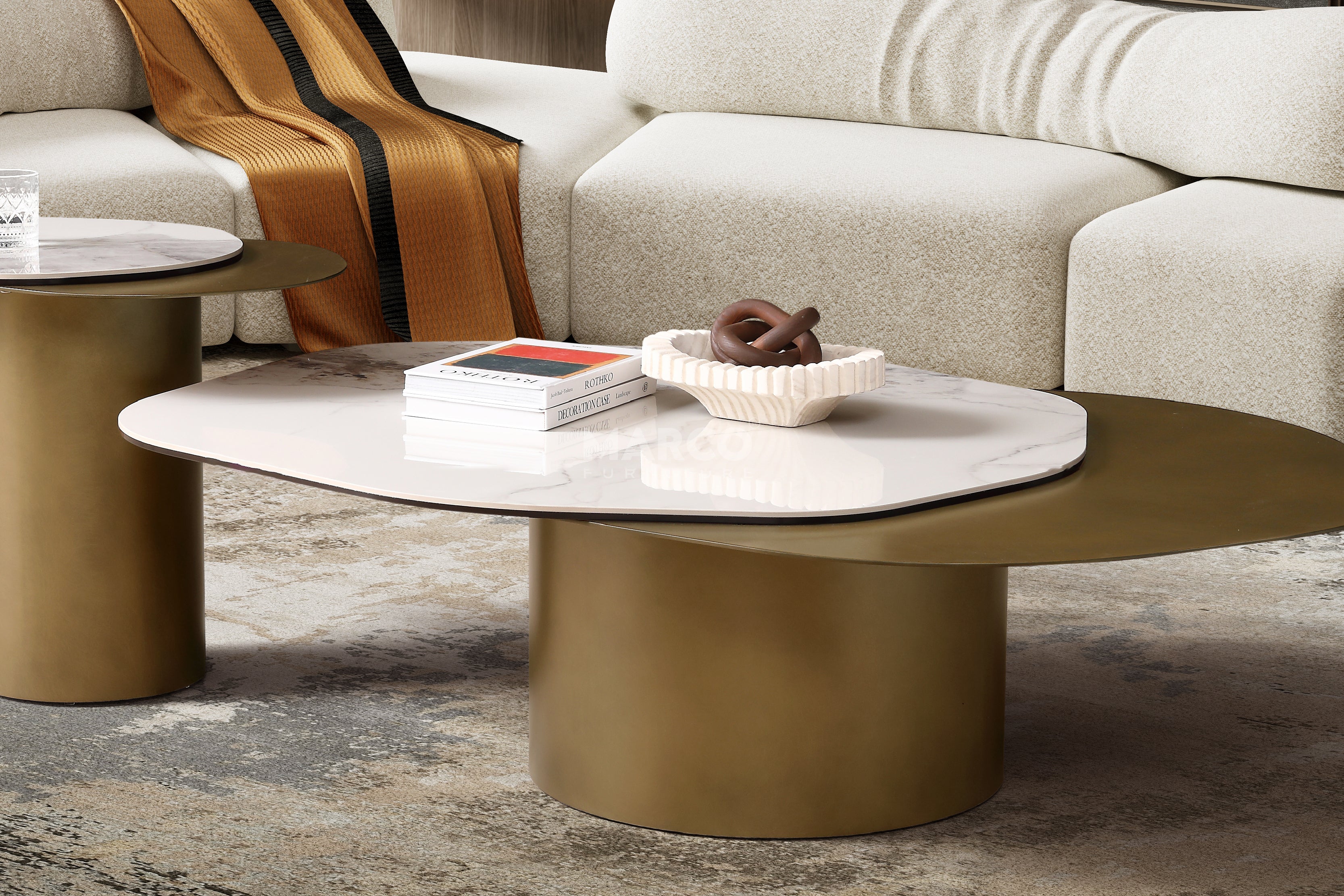 Capri Chanel Sintered Stone Modern Coffee Table - Gold Cylindrical Base - Image 3