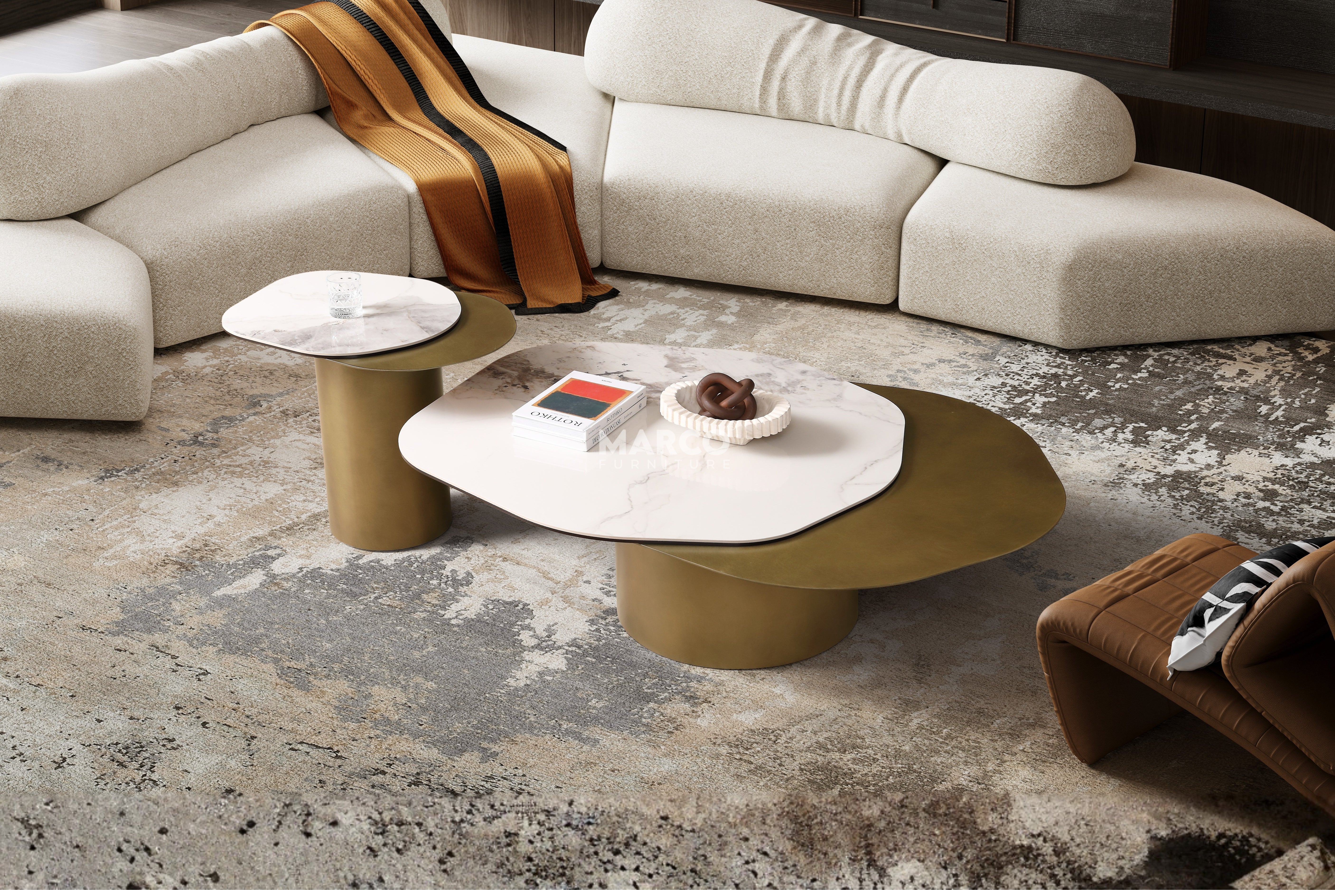 Capri Chanel Sintered Stone Modern Coffee Table - Gold Cylindrical Base - Image 4