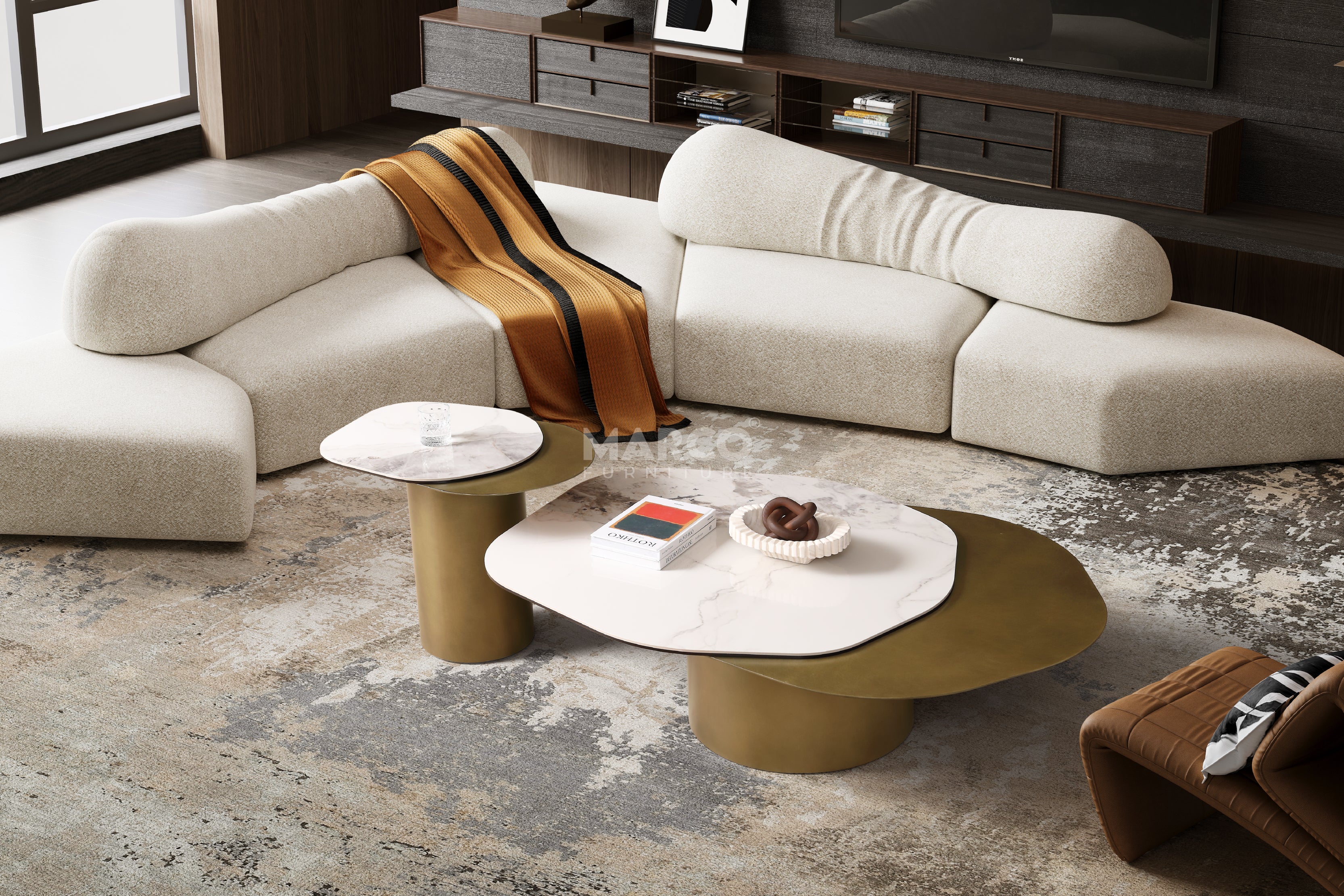 Capri Chanel Sintered Stone Modern Coffee Table - Gold Cylindrical Base - Image 6