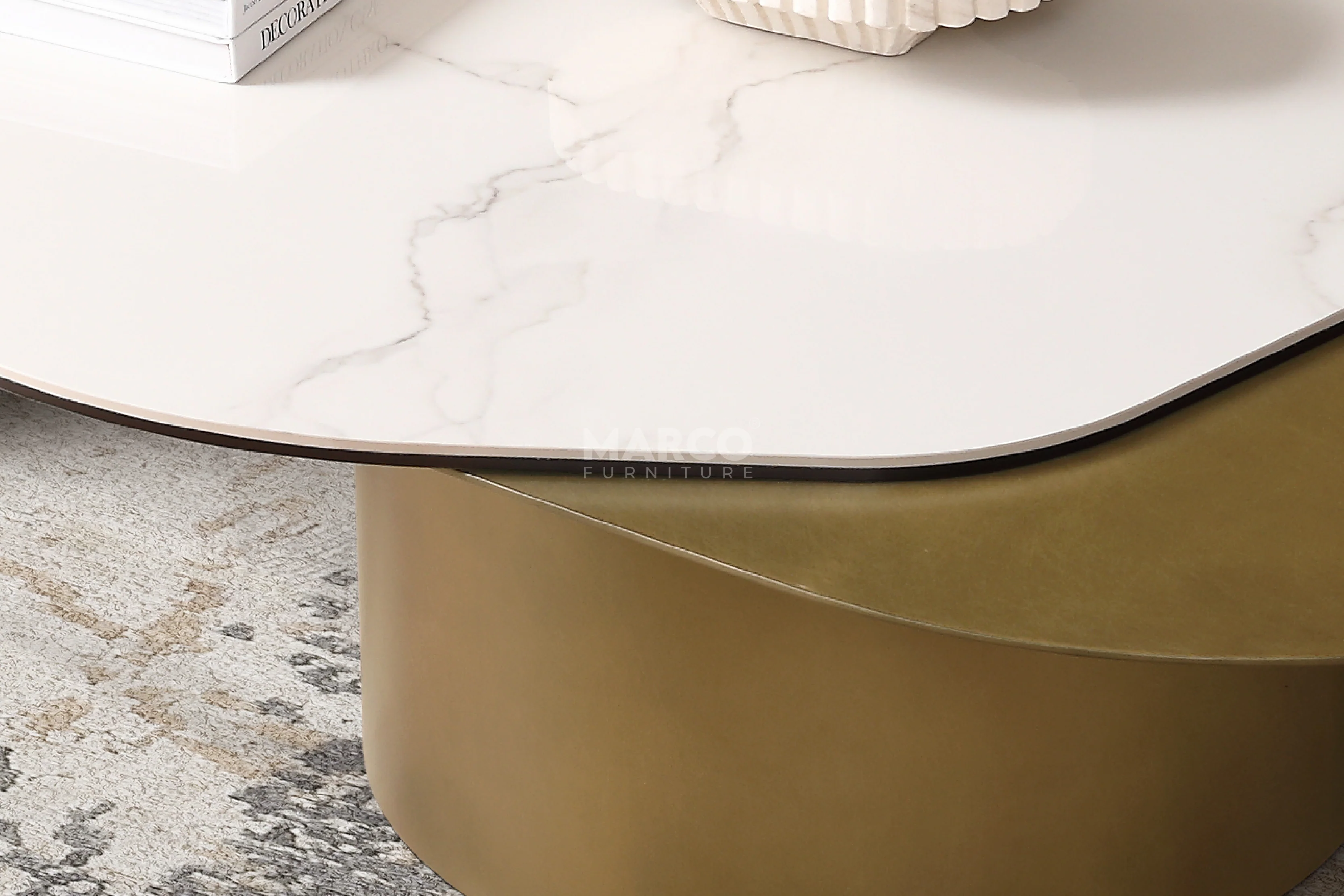 Capri Chanel Sintered Stone Modern Coffee Table - Gold Cylindrical Base - Image 7