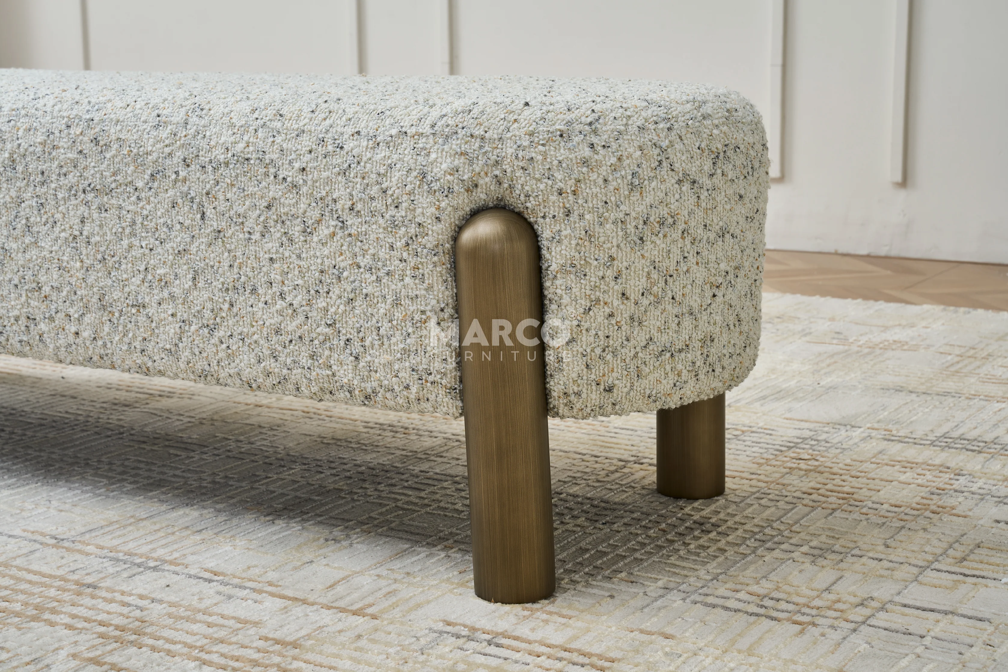 Catalina Boucle Ottoman – Textured Bench Seat with Bronze Legs - Image 4