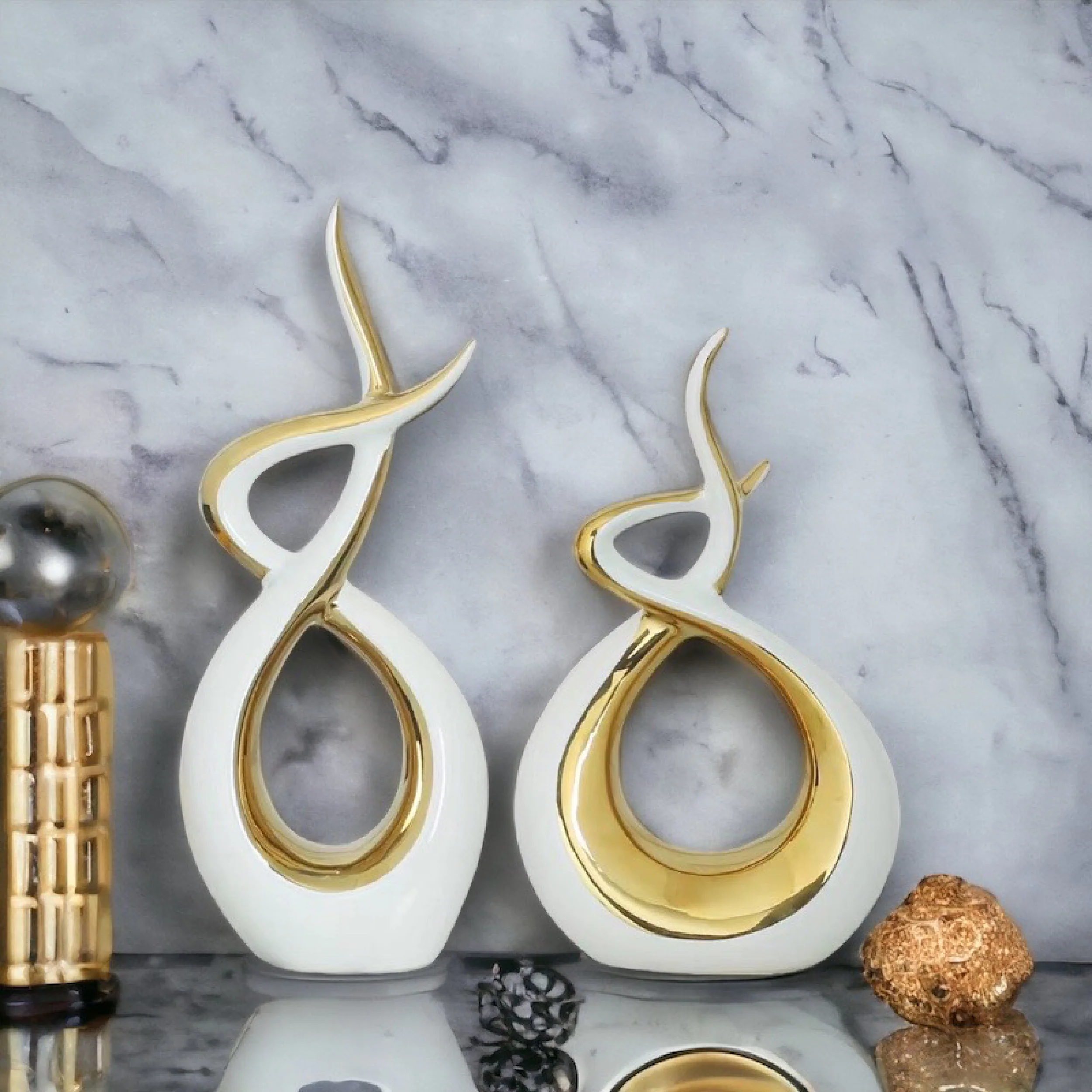 Ceramic Flame Sculpture White & Gold - Image 2