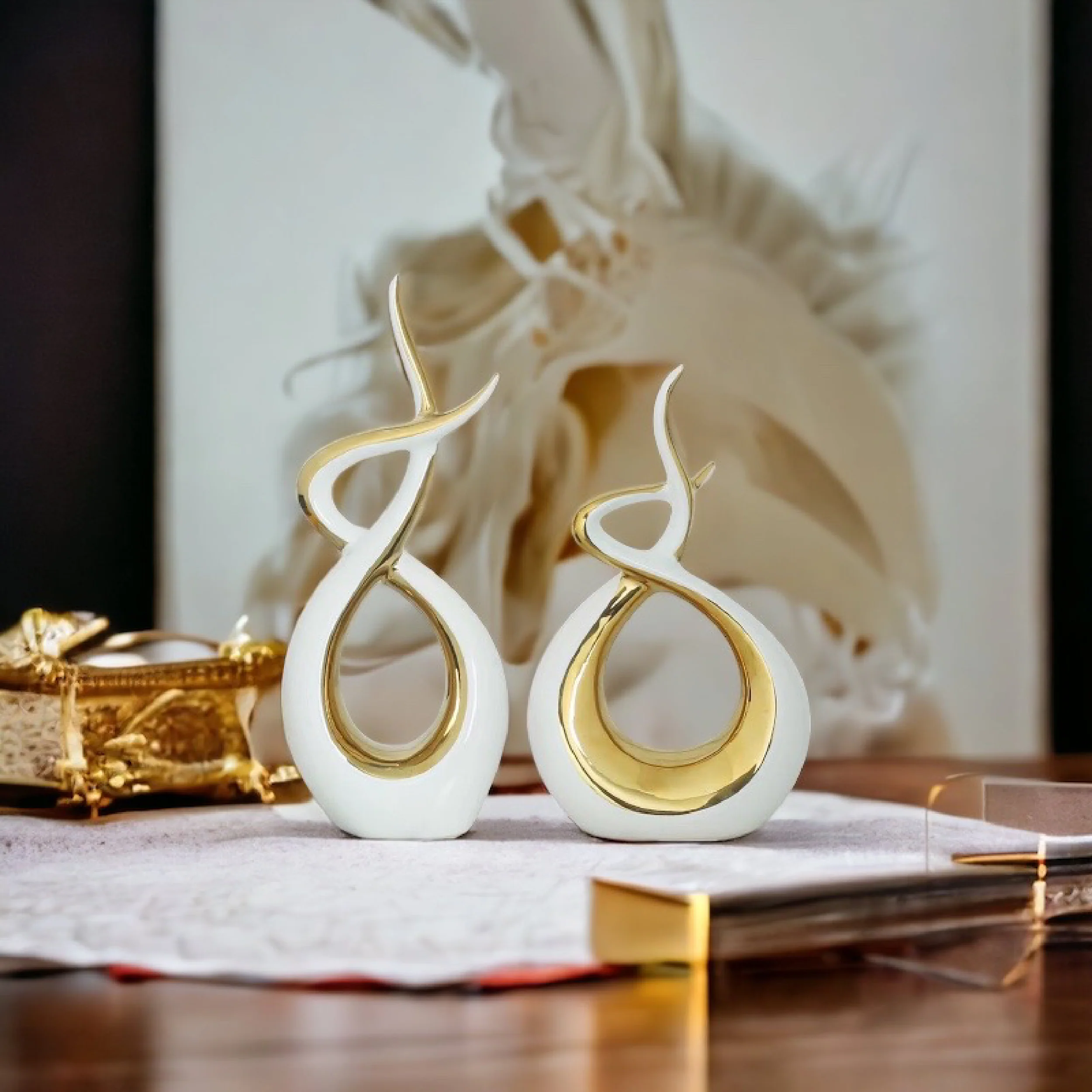 Ceramic Flame Sculpture White & Gold - Image 3
