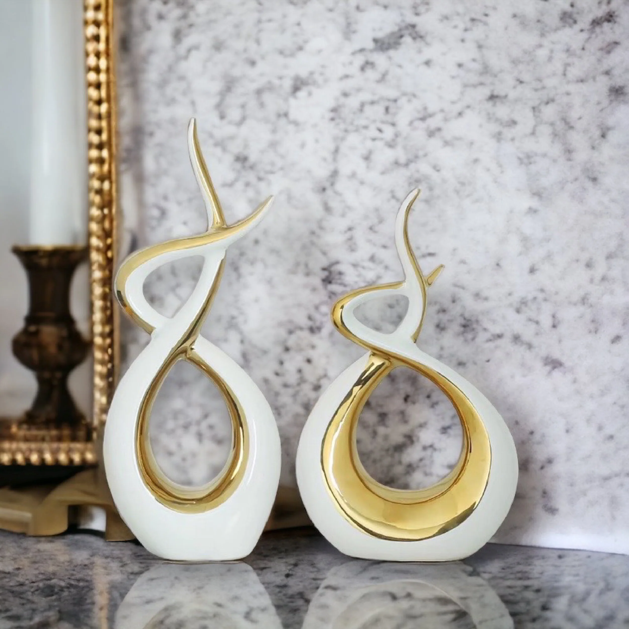 Ceramic Flame Sculpture White & Gold - Image 4