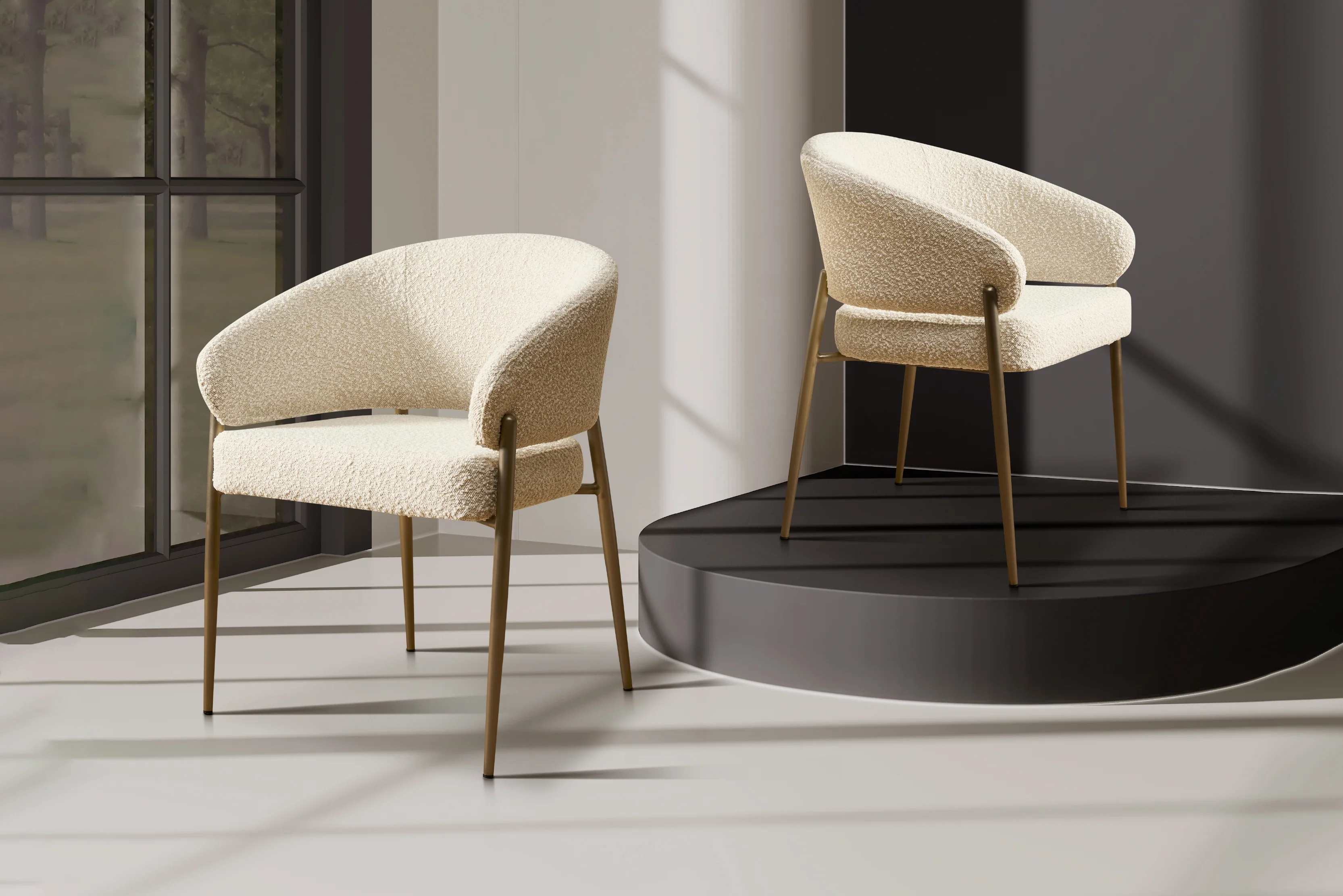 Chloe Boucle Dining Chair – Curved Back with Steel Legs