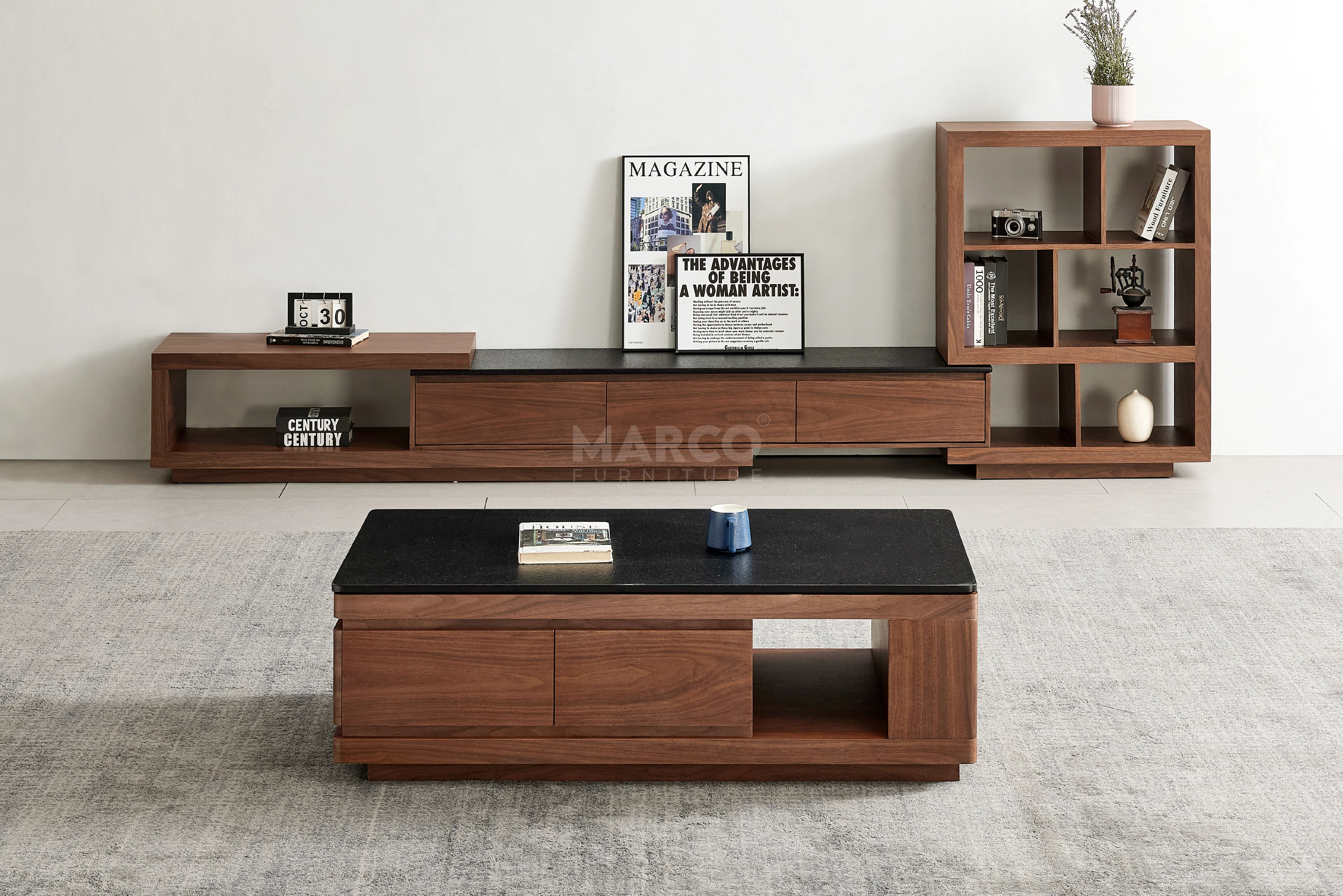 Coco Coffee Table with Black Burnt Stone Top and Storage - Image 3