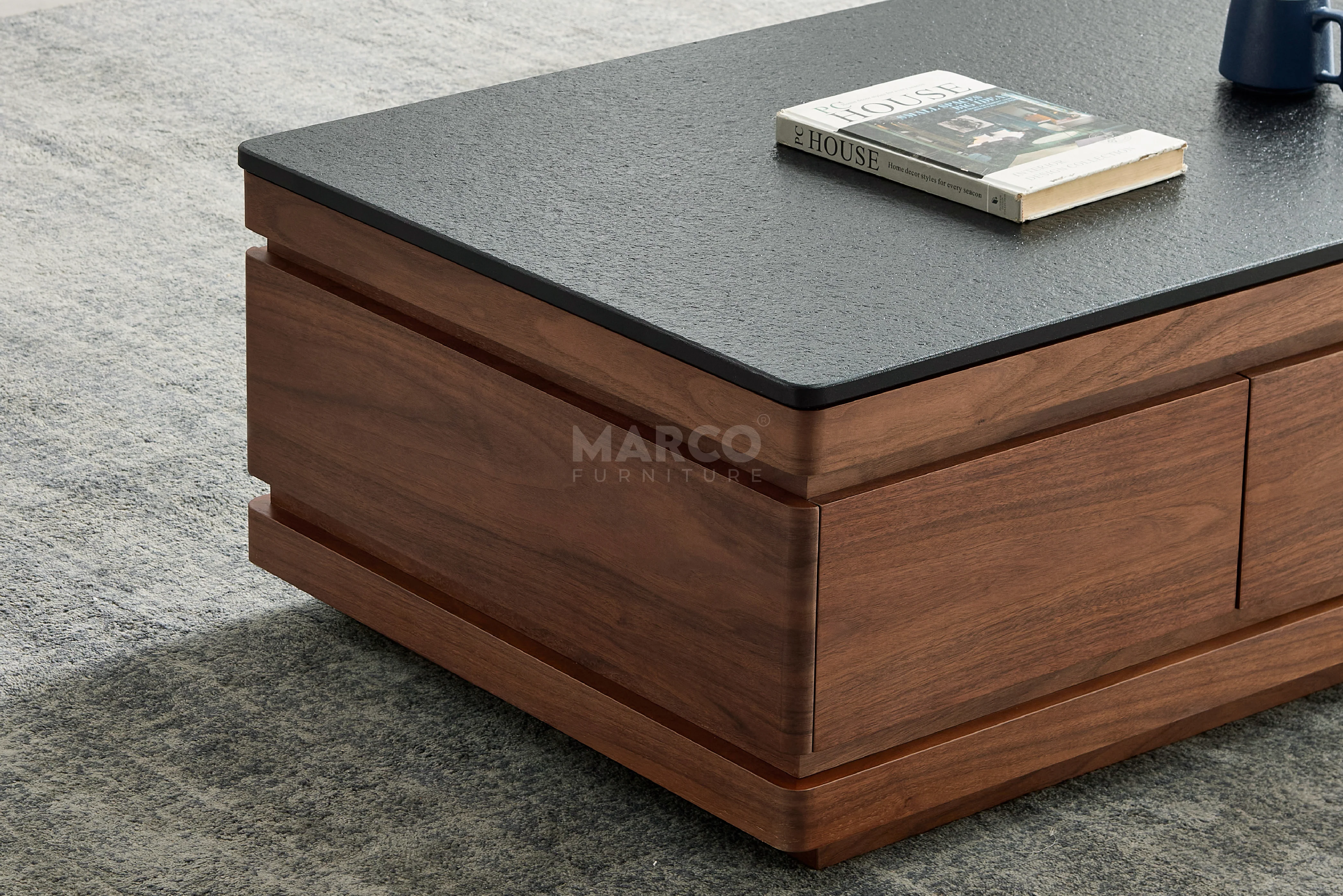 Coco Coffee Table with Black Burnt Stone Top and Storage - Image 4