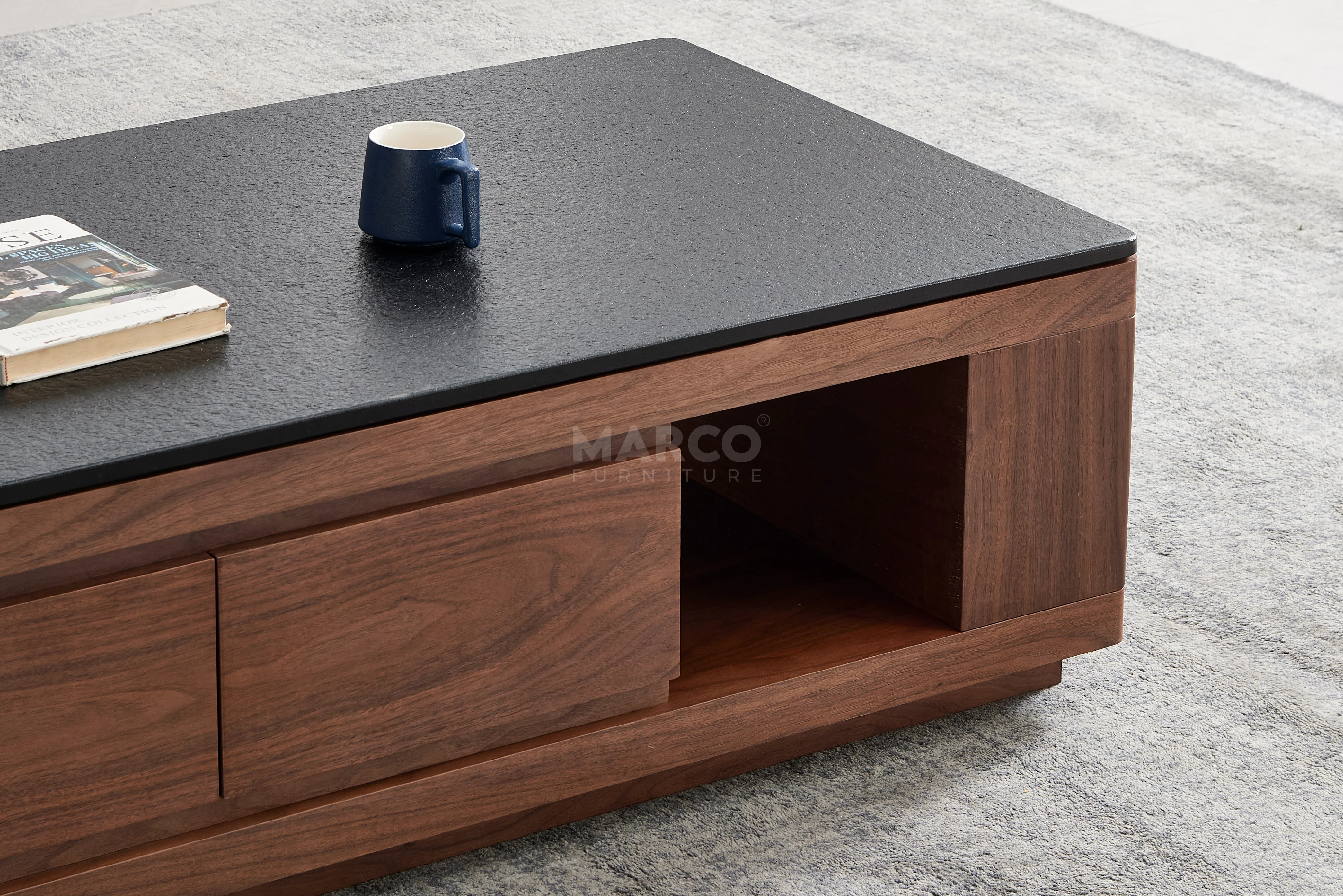 Coco Coffee Table with Black Burnt Stone Top and Storage - Image 5