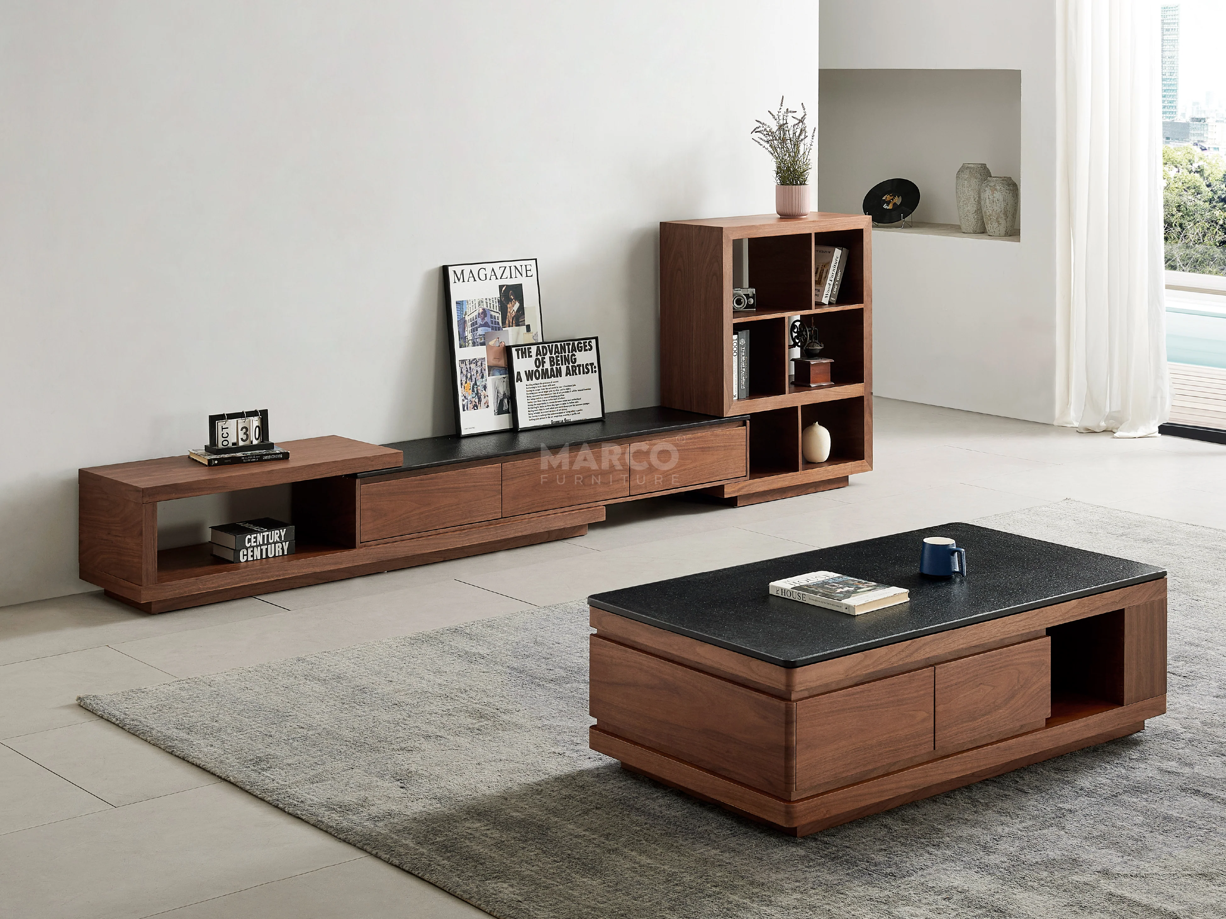 Coco Extendable TV Unit with Black Burnt Stone Top - Image 4