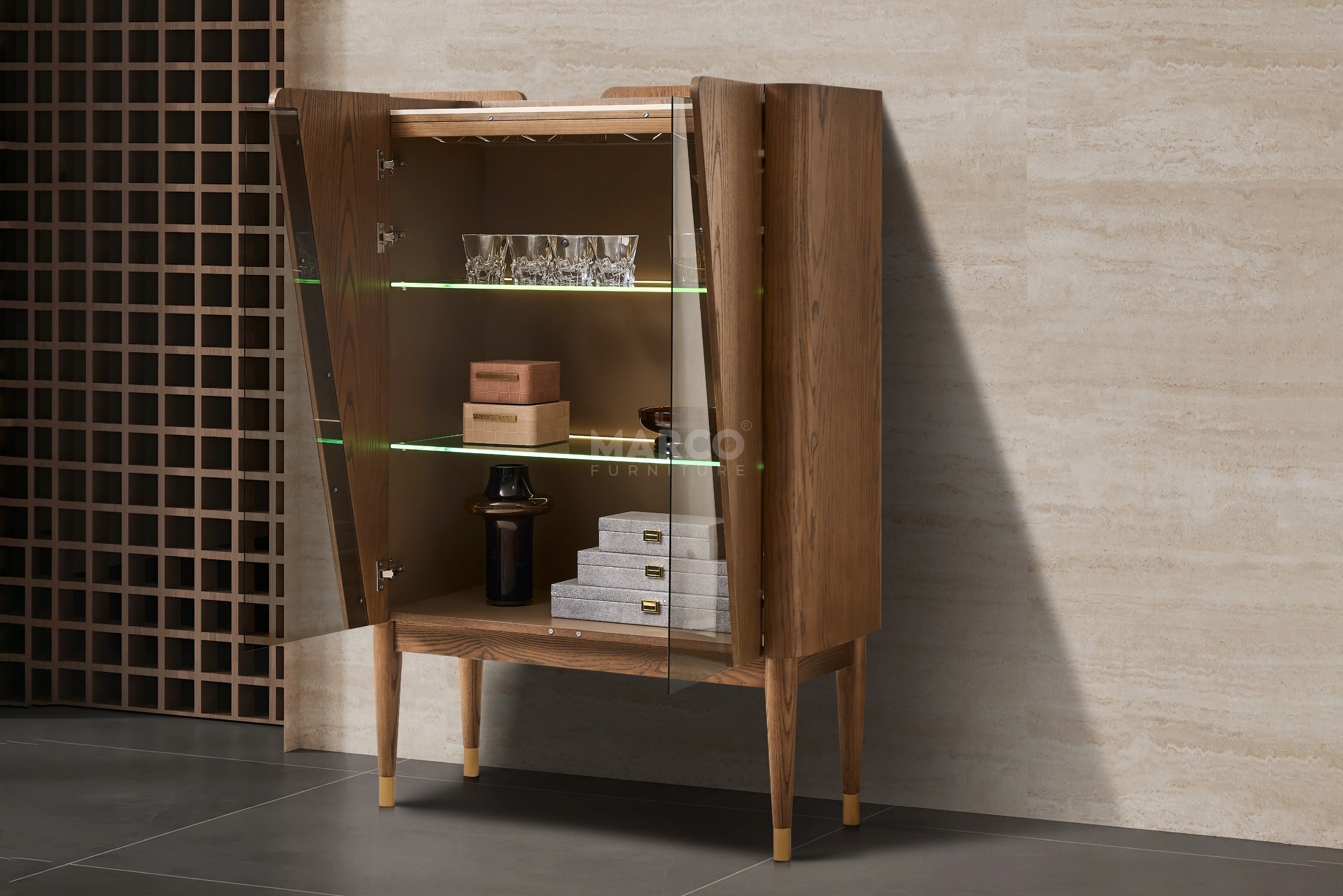 Copenhagen Sintered Stone Top Bar Cabinet – Glass Display Storage Unit - Image 3