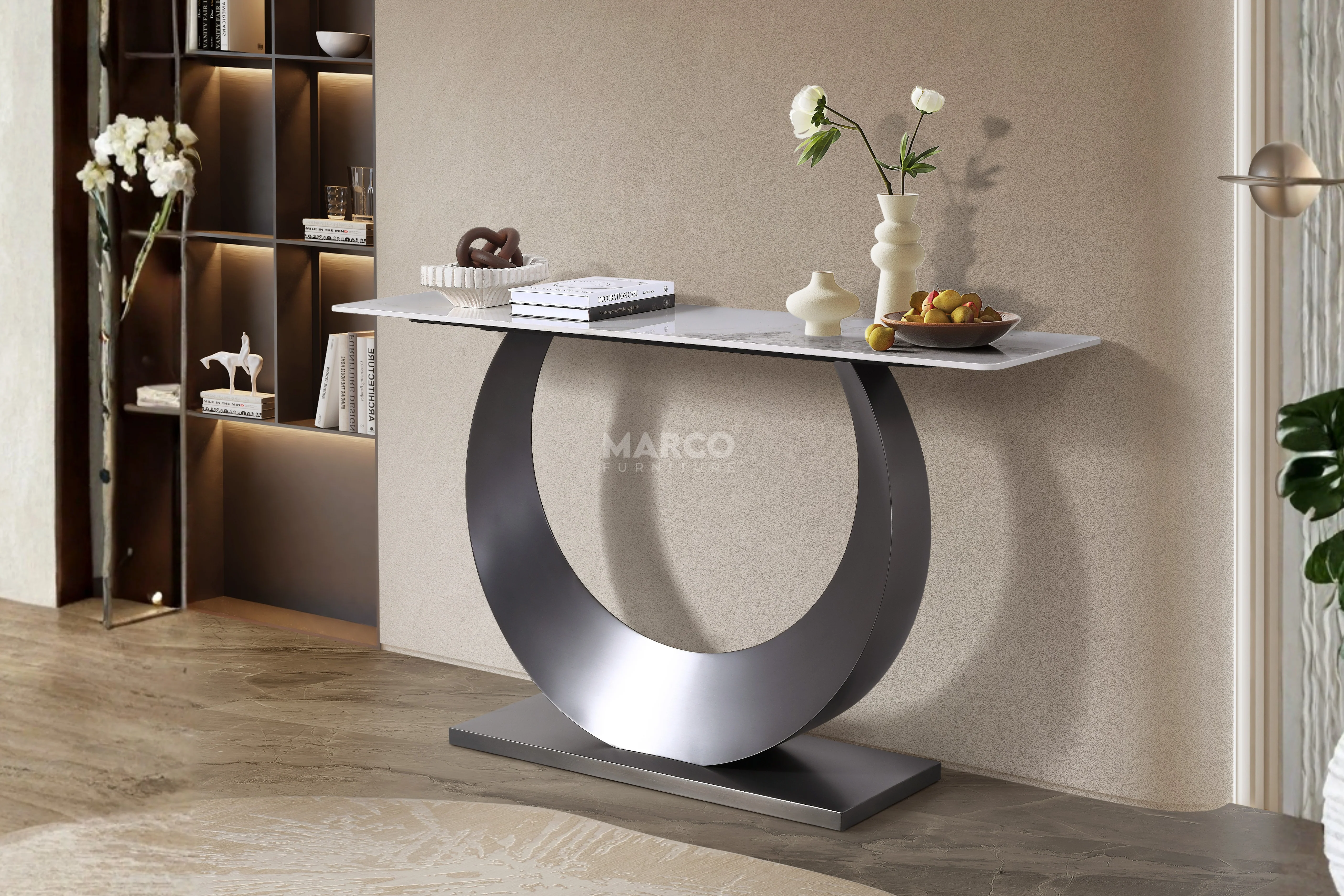 Moon Sintered Stone Top Console Table with Gold Base - Image 6