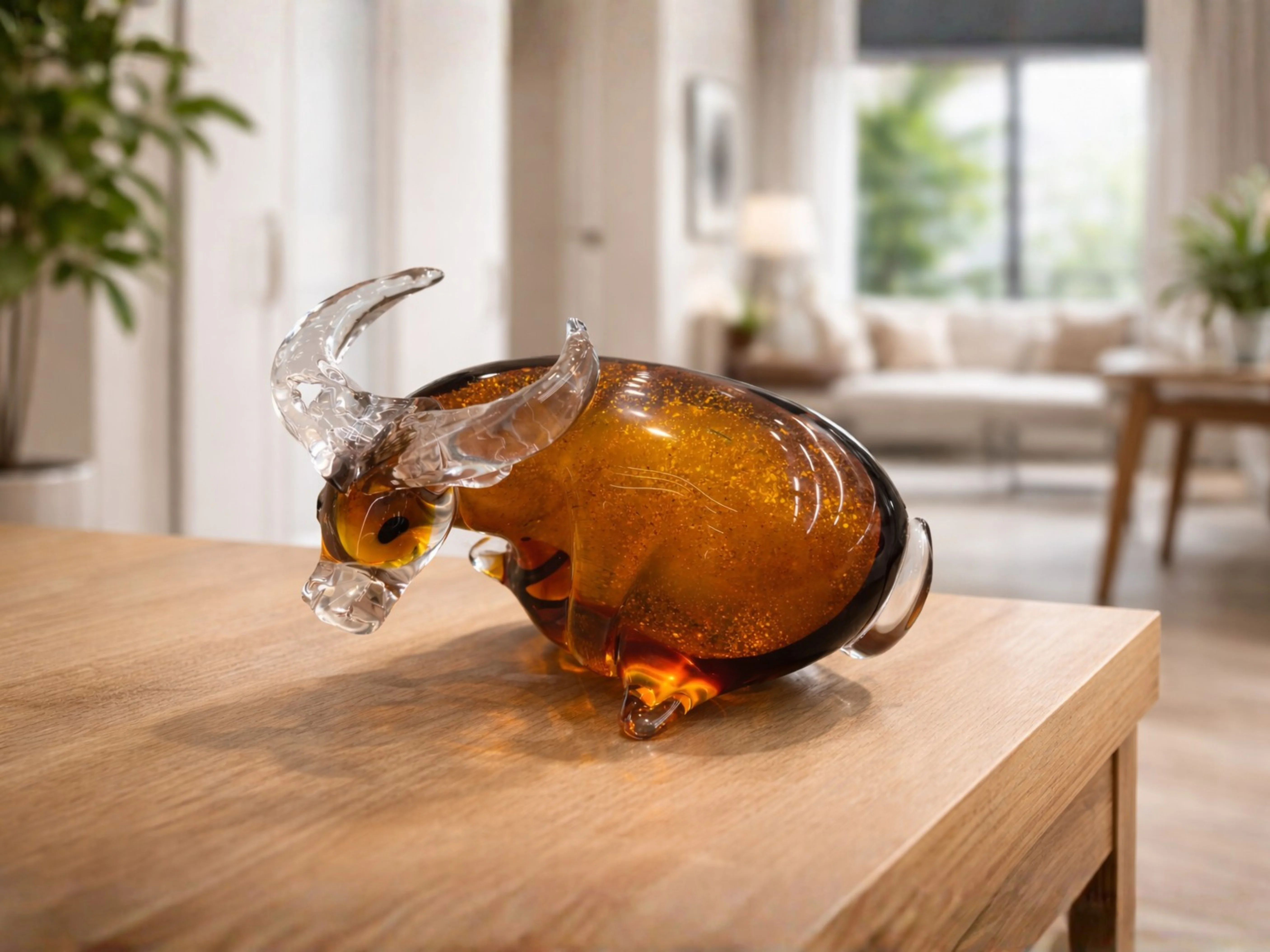 Hand-Blown Amber Glass Bull Sculpture