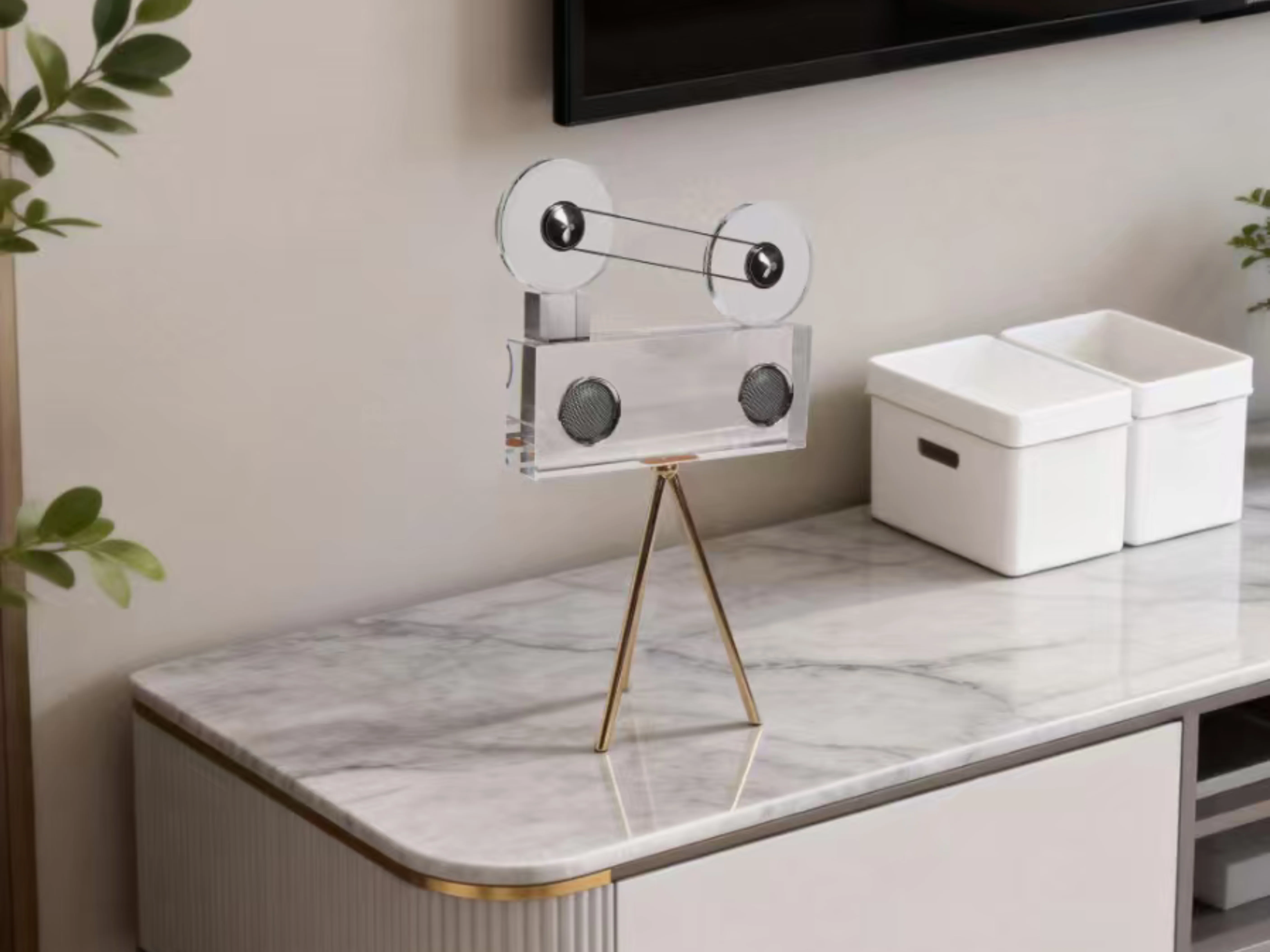 Crystal Film Reel Camera Sculpture – Vintage Tripod Decor