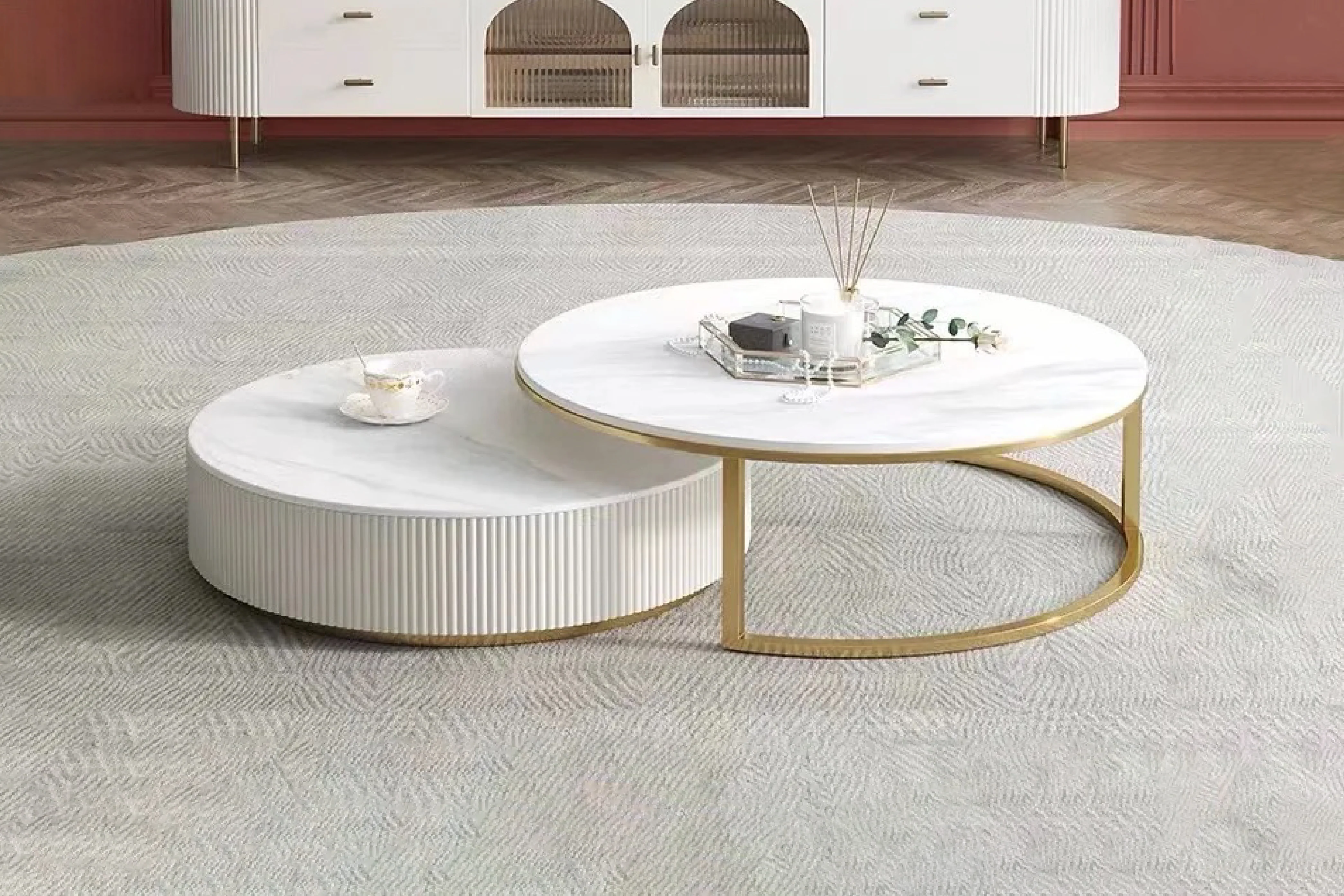 Doyle Round Coffee Table Set with Gold Metal Base, Spanish Ceramic Top, and Silent Wood Drawer (Set of 2)